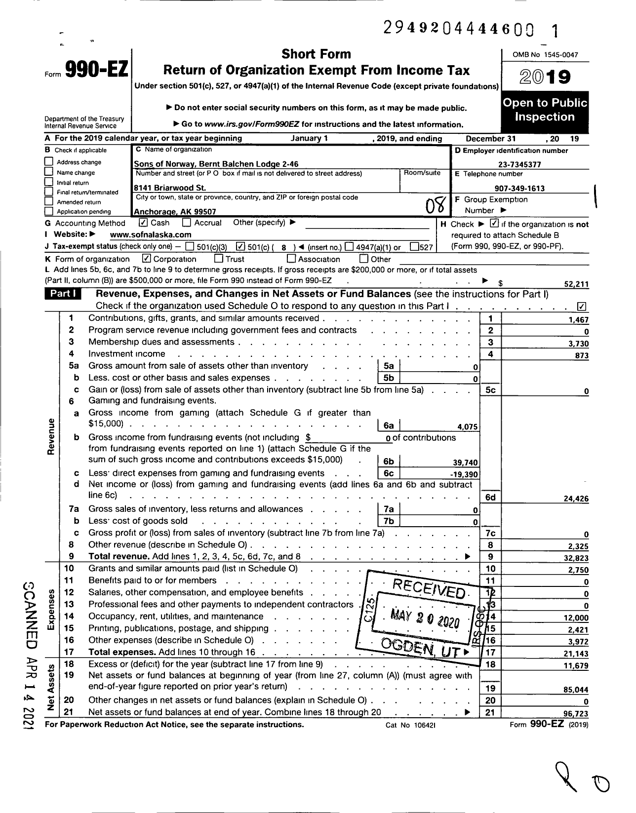 Image of first page of 2019 Form 990EO for Sons of Norway - 2-046 Bernt Balchen Lodge