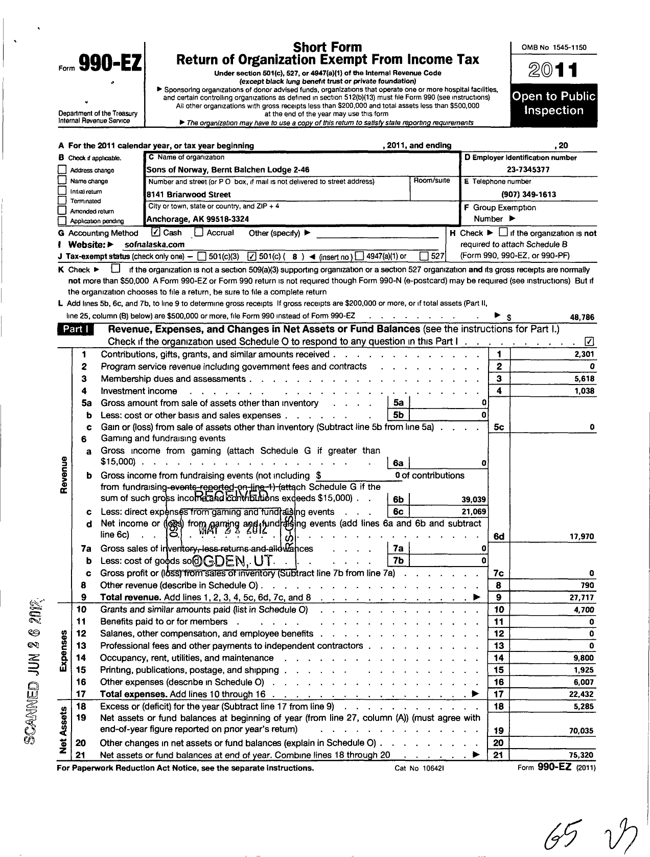 Image of first page of 2011 Form 990EO for Sons of Norway - 2-046 Bernt Balchen Lodge