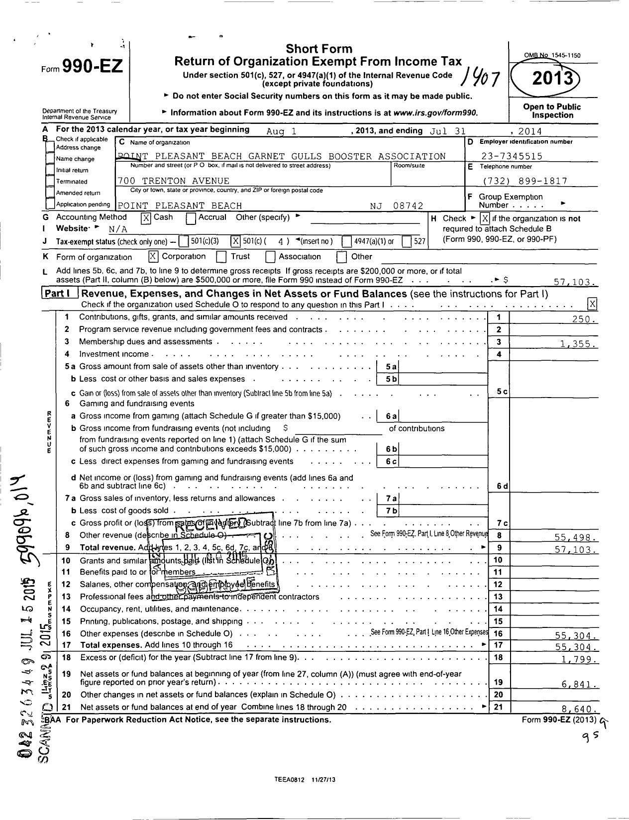 Image of first page of 2013 Form 990EO for Point Pleasant Beach Garnet Gulls Booster Association