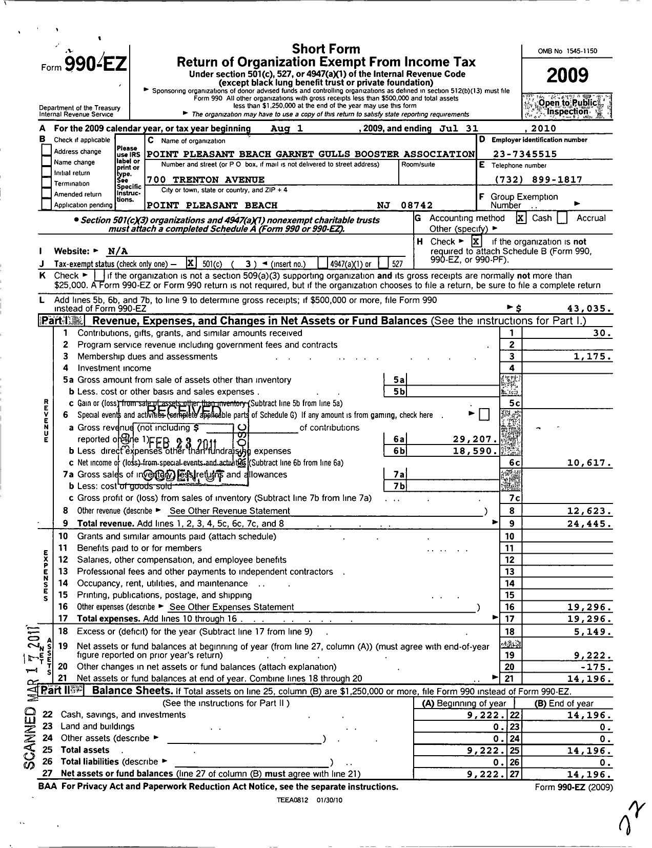 Image of first page of 2009 Form 990EZ for Point Pleasant Beach Garnet Gulls Booster Association