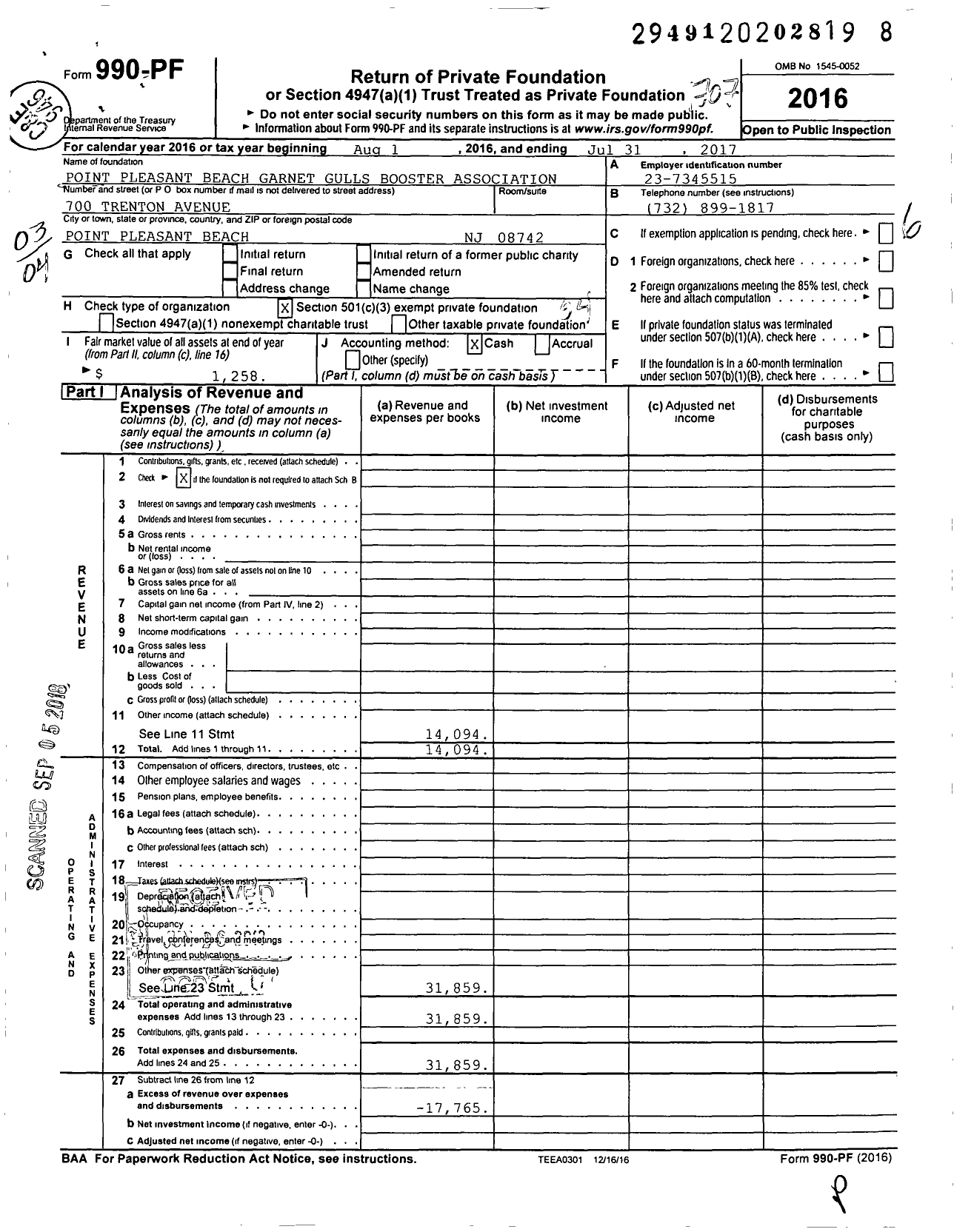 Image of first page of 2016 Form 990PF for Point Pleasant Beach Garnet Gulls Booster Association