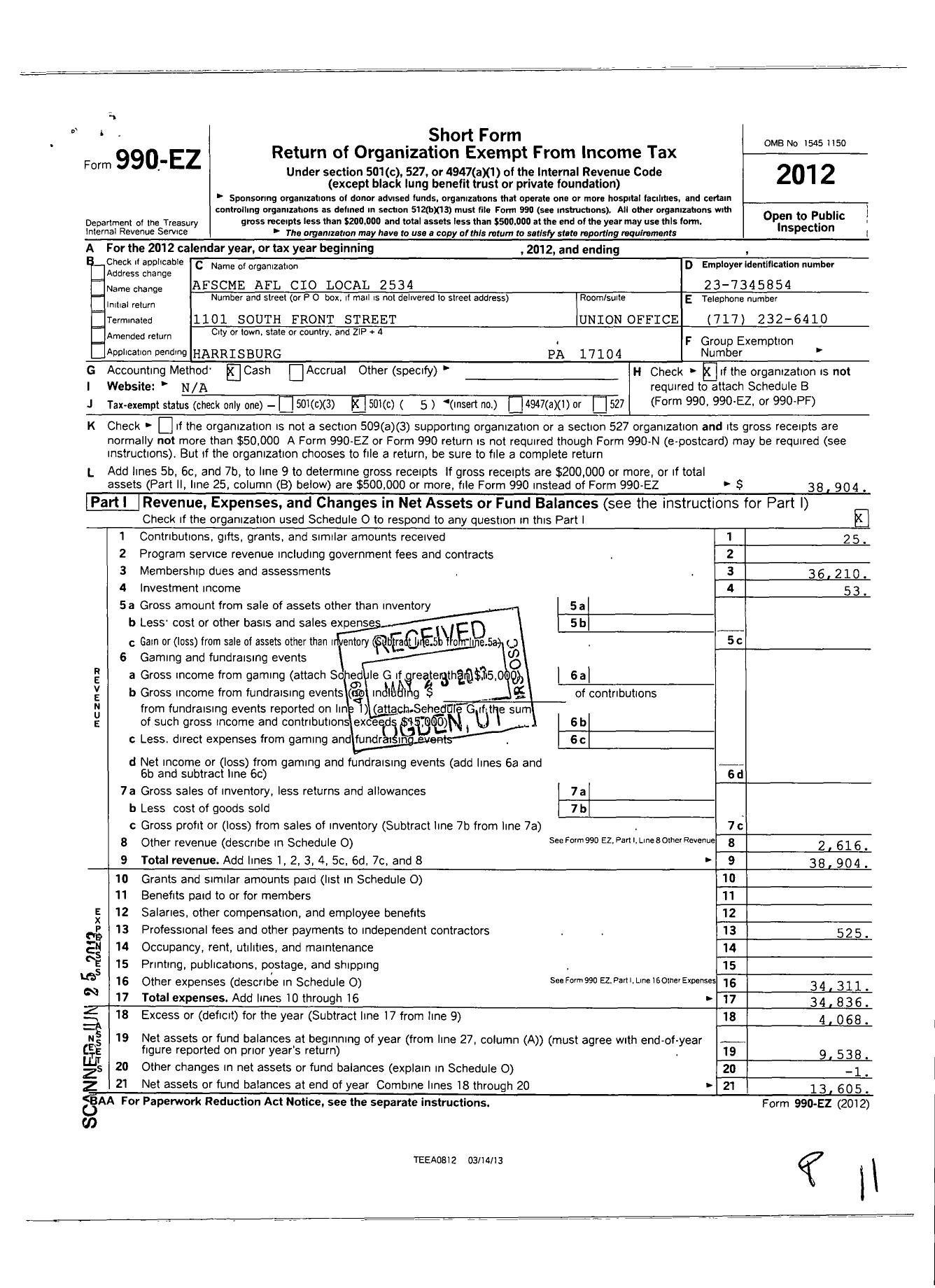 Image of first page of 2012 Form 990EO for American Federation of State County & Municipal Employees - 2534 Pa Loc Cler Adm Fiscal Sfty BL