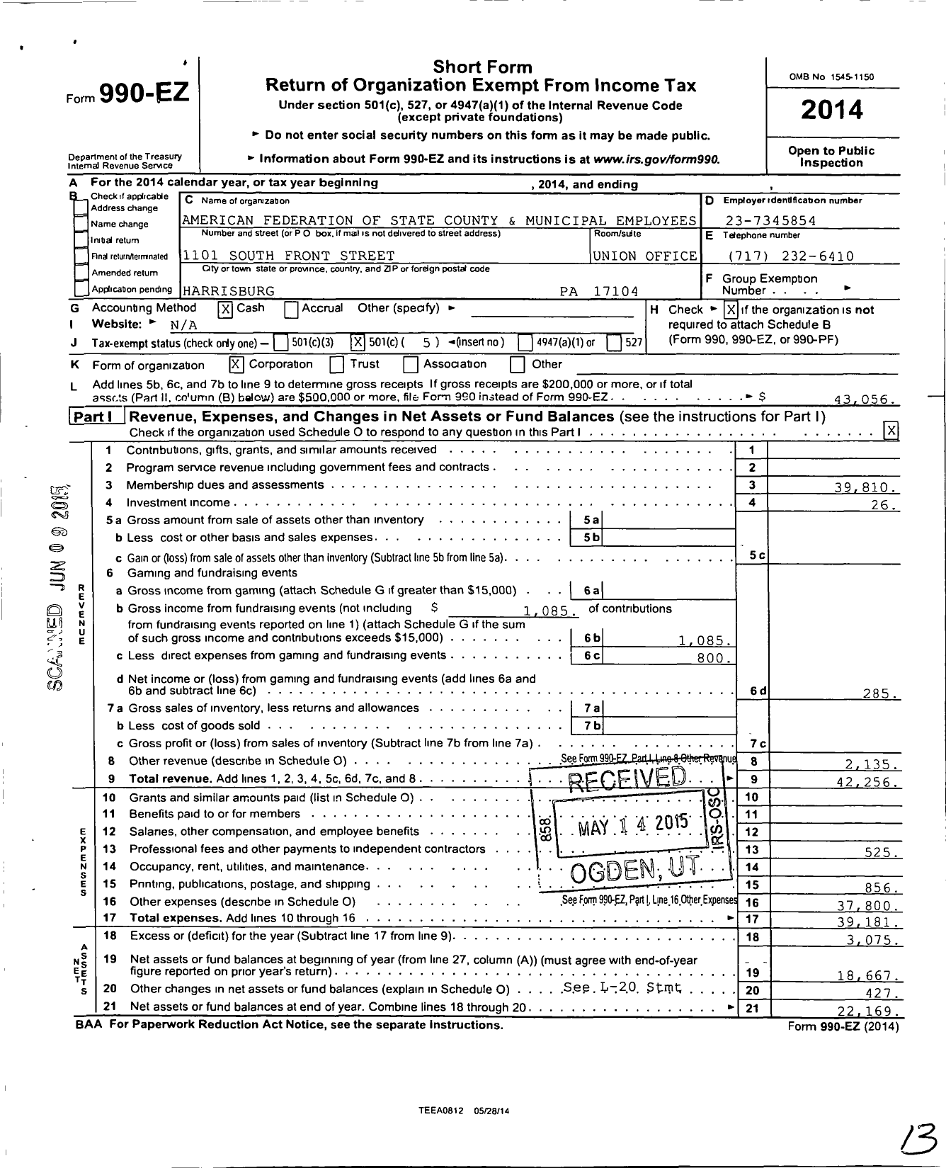 Image of first page of 2014 Form 990EO for American Federation of State County & Municipal Employees - 2534 Pa Loc Cler Adm Fiscal Sfty BL