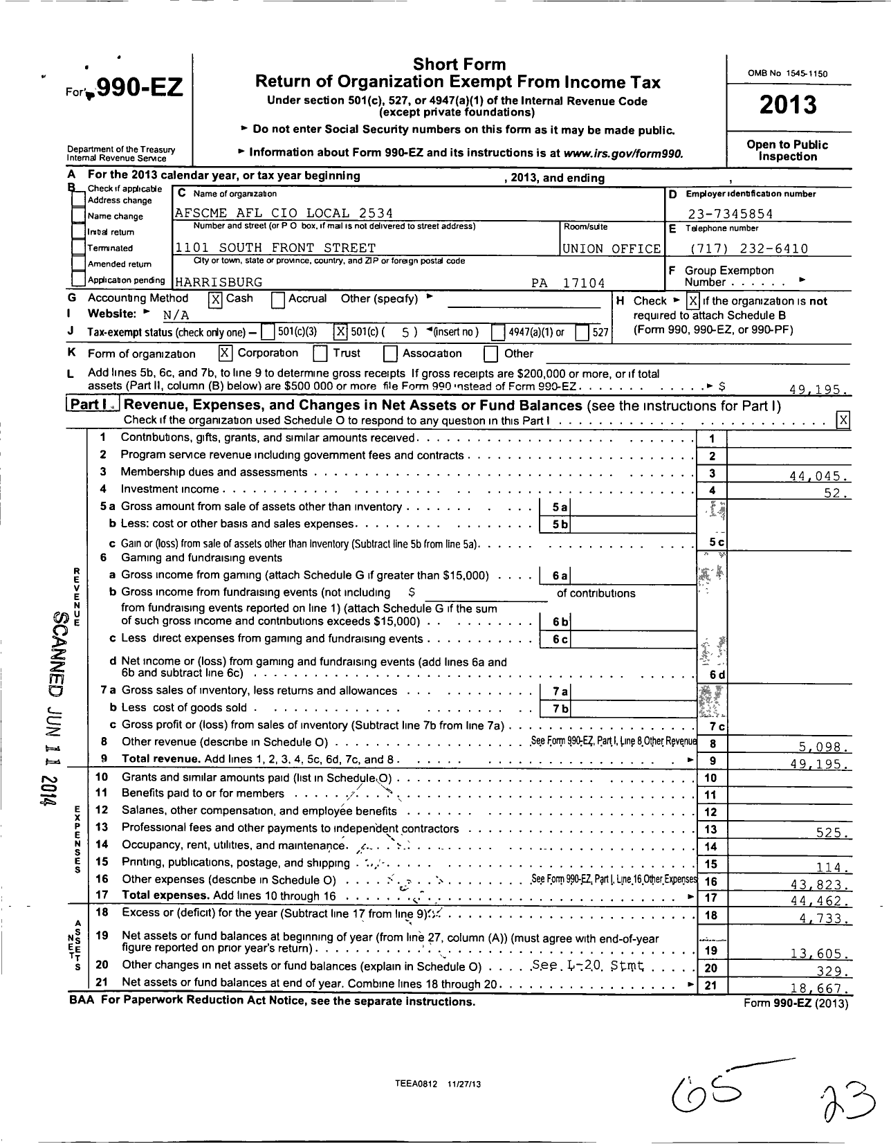 Image of first page of 2013 Form 990EO for American Federation of State County & Municipal Employees - 2534 Pa Loc Cler Adm Fiscal Sfty BL