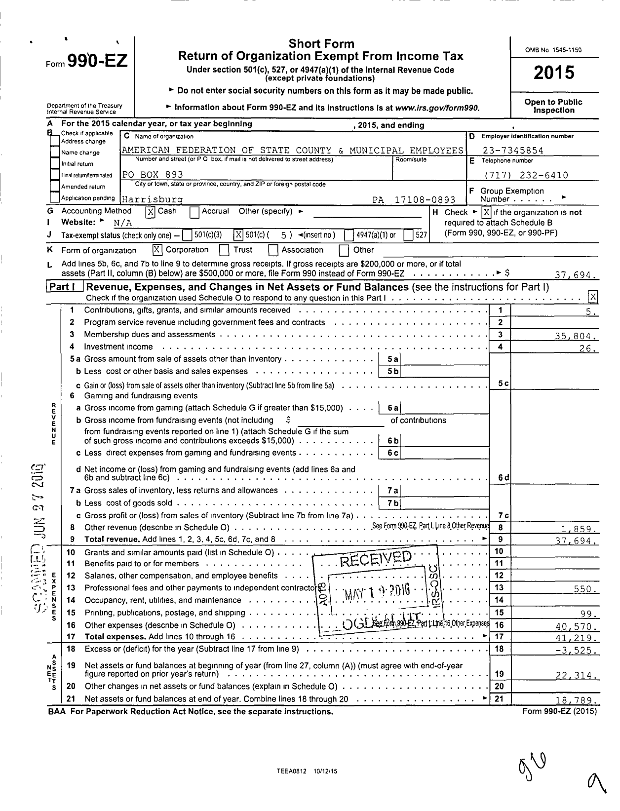 Image of first page of 2015 Form 990EO for American Federation of State County & Municipal Employees - 2534 Pa Loc Cler Adm Fiscal Sfty BL