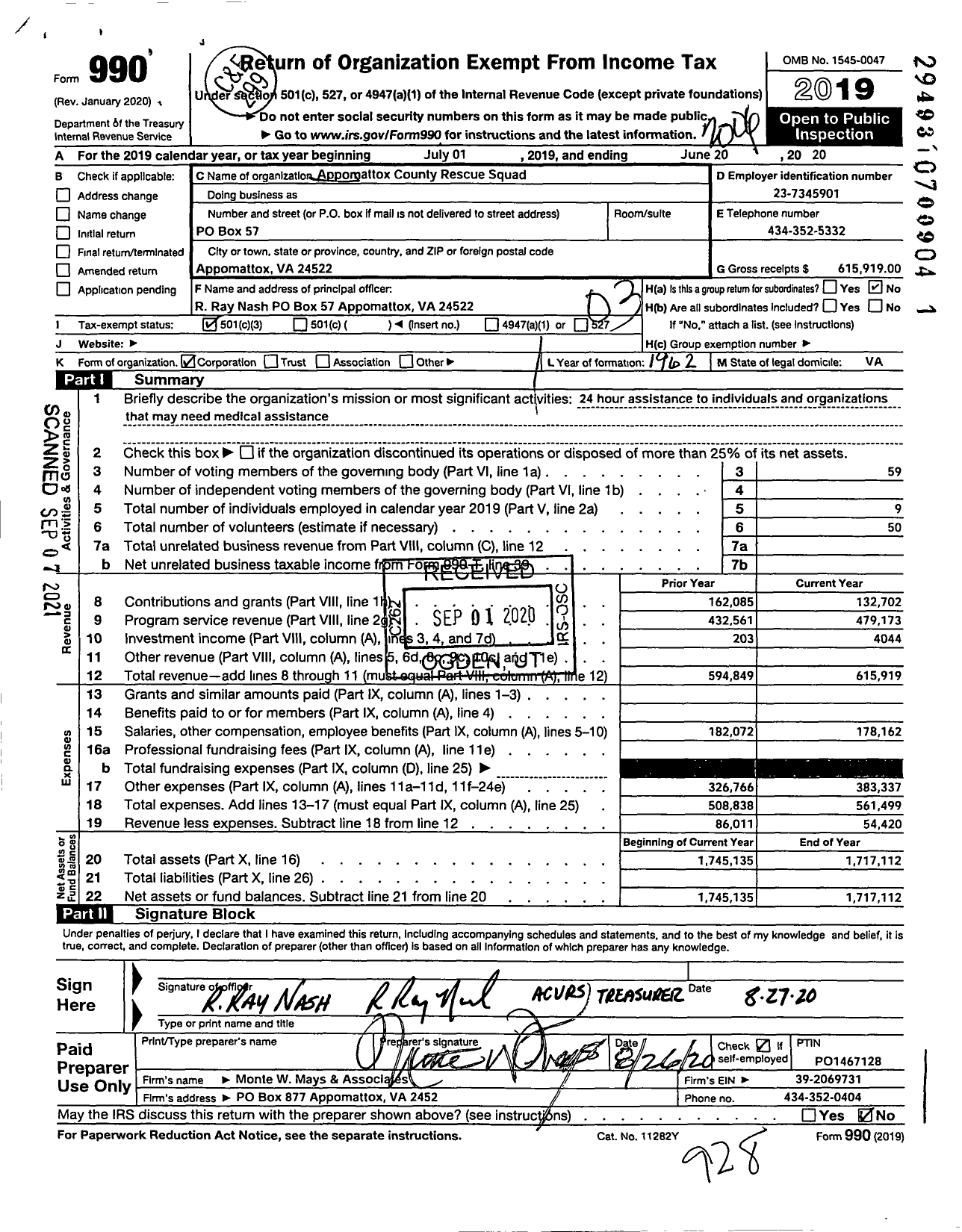 Image of first page of 2019 Form 990 for Appomattox County Rescue Squad