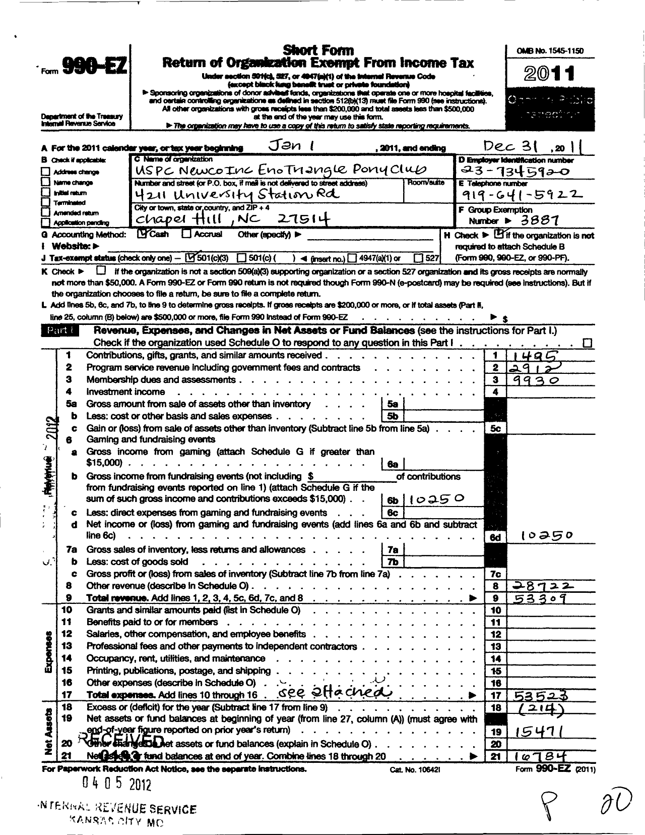 Image of first page of 2011 Form 990EZ for The United States Pony Clubs / Eno Triangle Pony Club