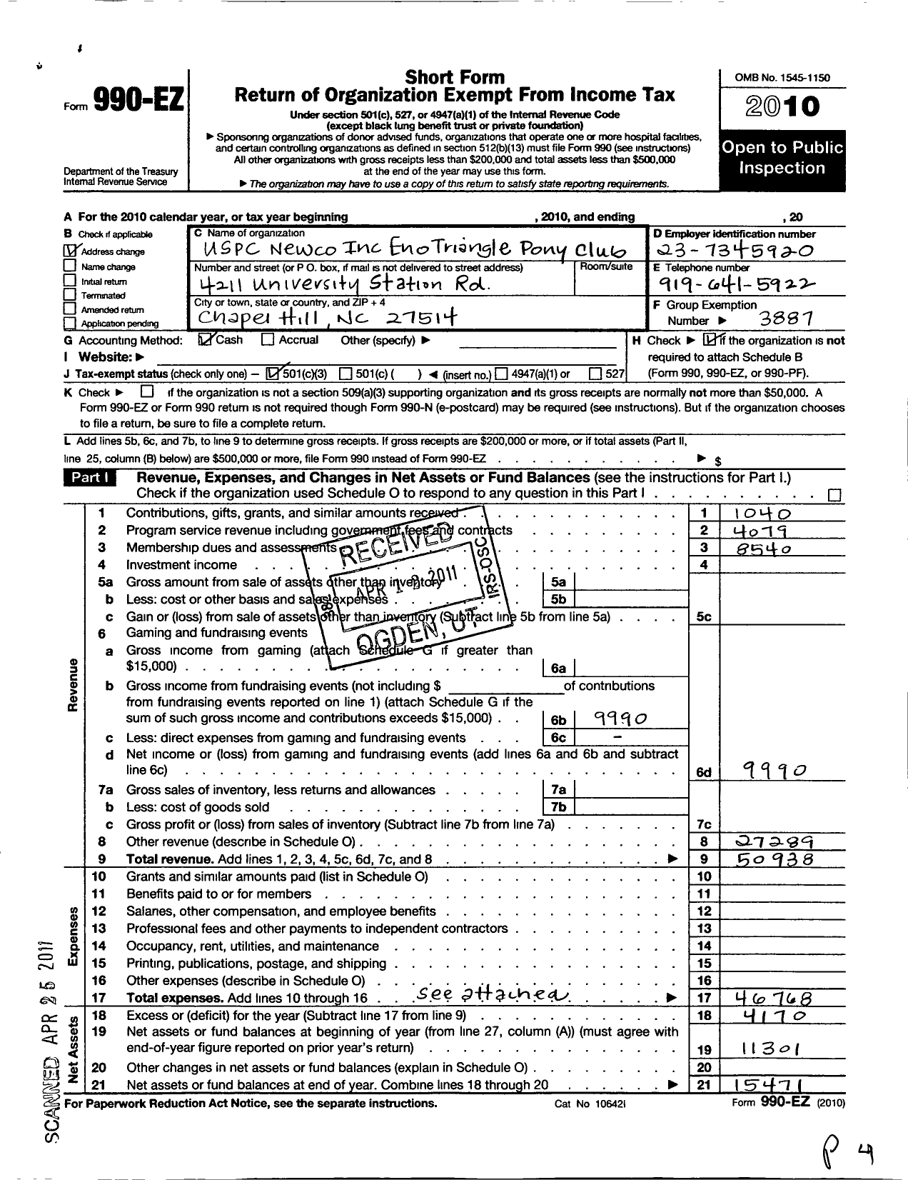 Image of first page of 2010 Form 990EZ for The United States Pony Clubs / Eno Triangle Pony Club