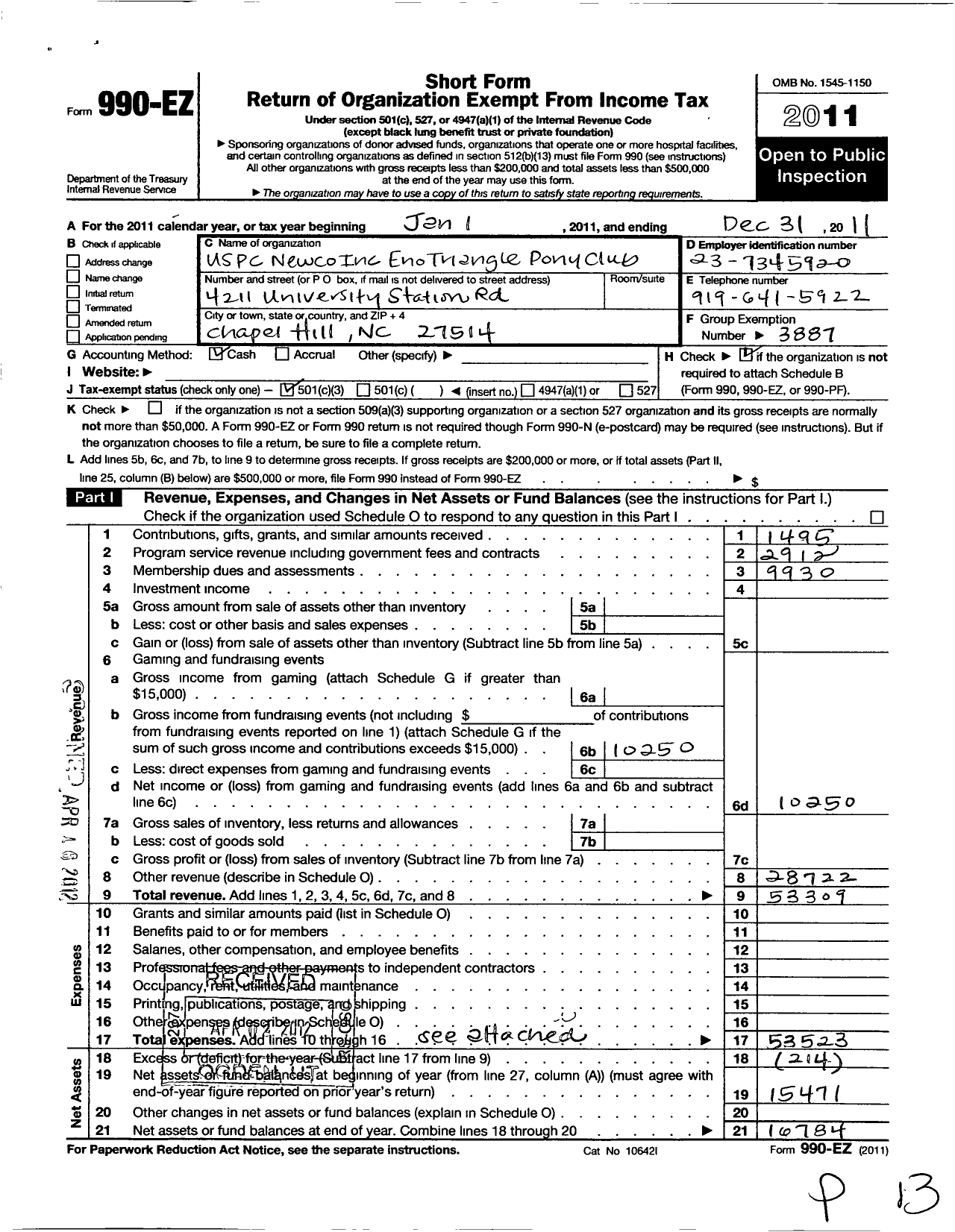 Image of first page of 2011 Form 990EZ for The United States Pony Clubs / Eno Triangle Pony Club