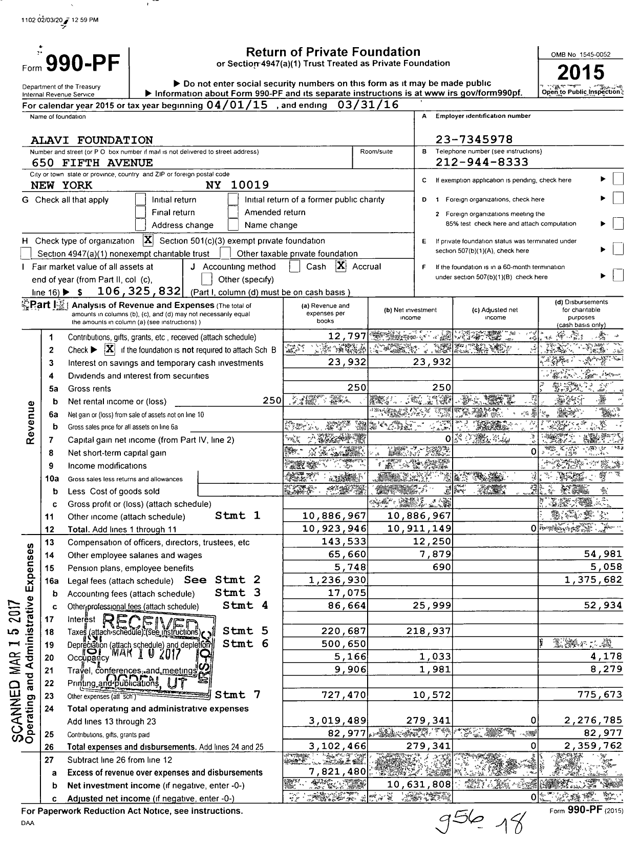 Image of first page of 2015 Form 990PF for Alavi Foundation