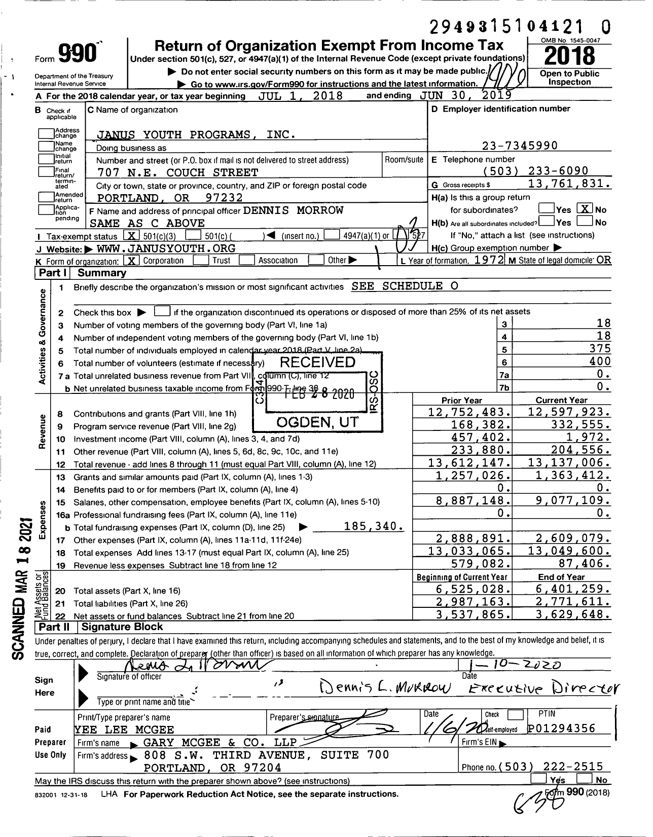 Image of first page of 2018 Form 990 for Janus Youth Programs