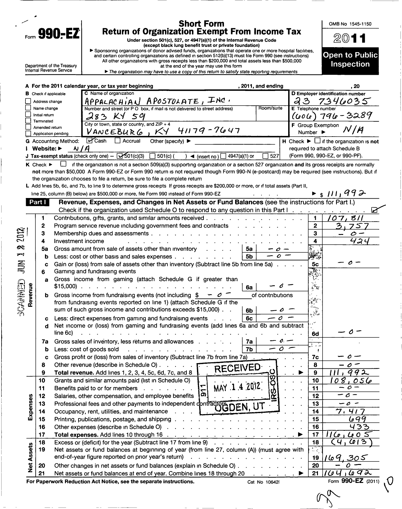 Image of first page of 2011 Form 990EZ for Appalachian Apostolate