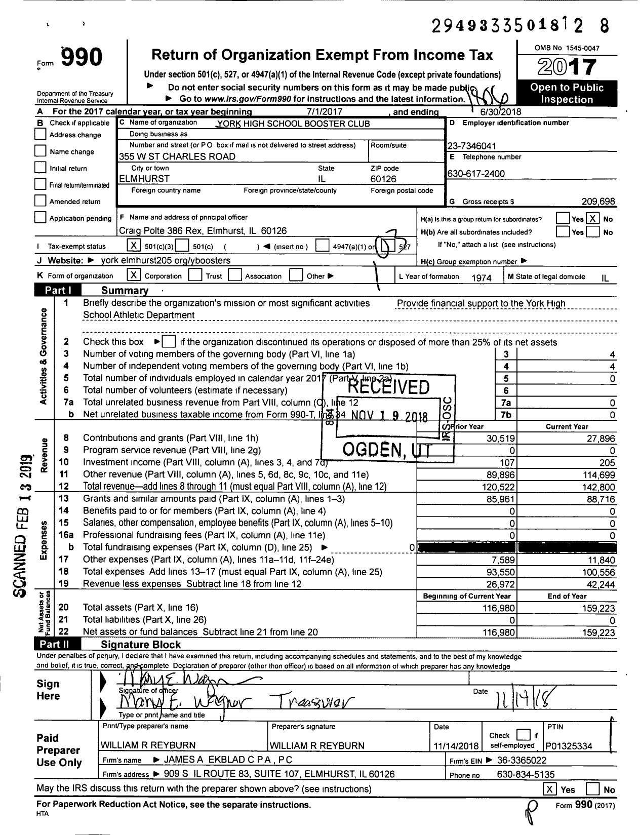 Image of first page of 2017 Form 990 for York High School Booster Club