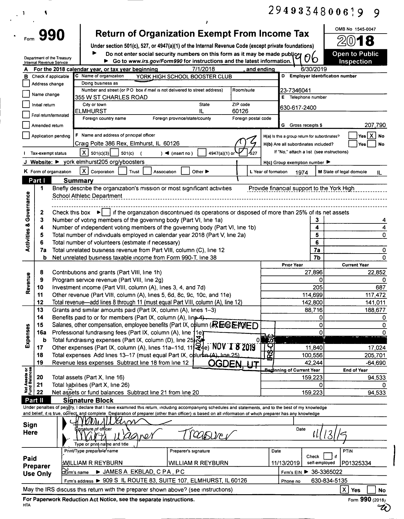 Image of first page of 2018 Form 990 for York High School Booster Club