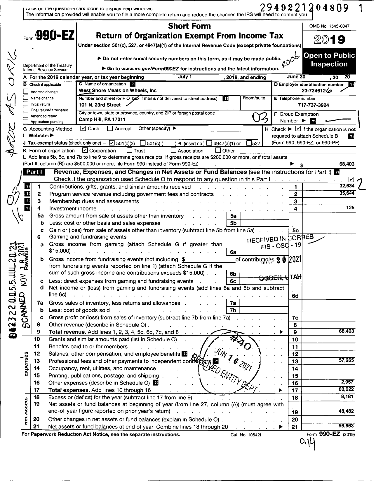 Image of first page of 2019 Form 990EZ for West Shore Meals on Wheels