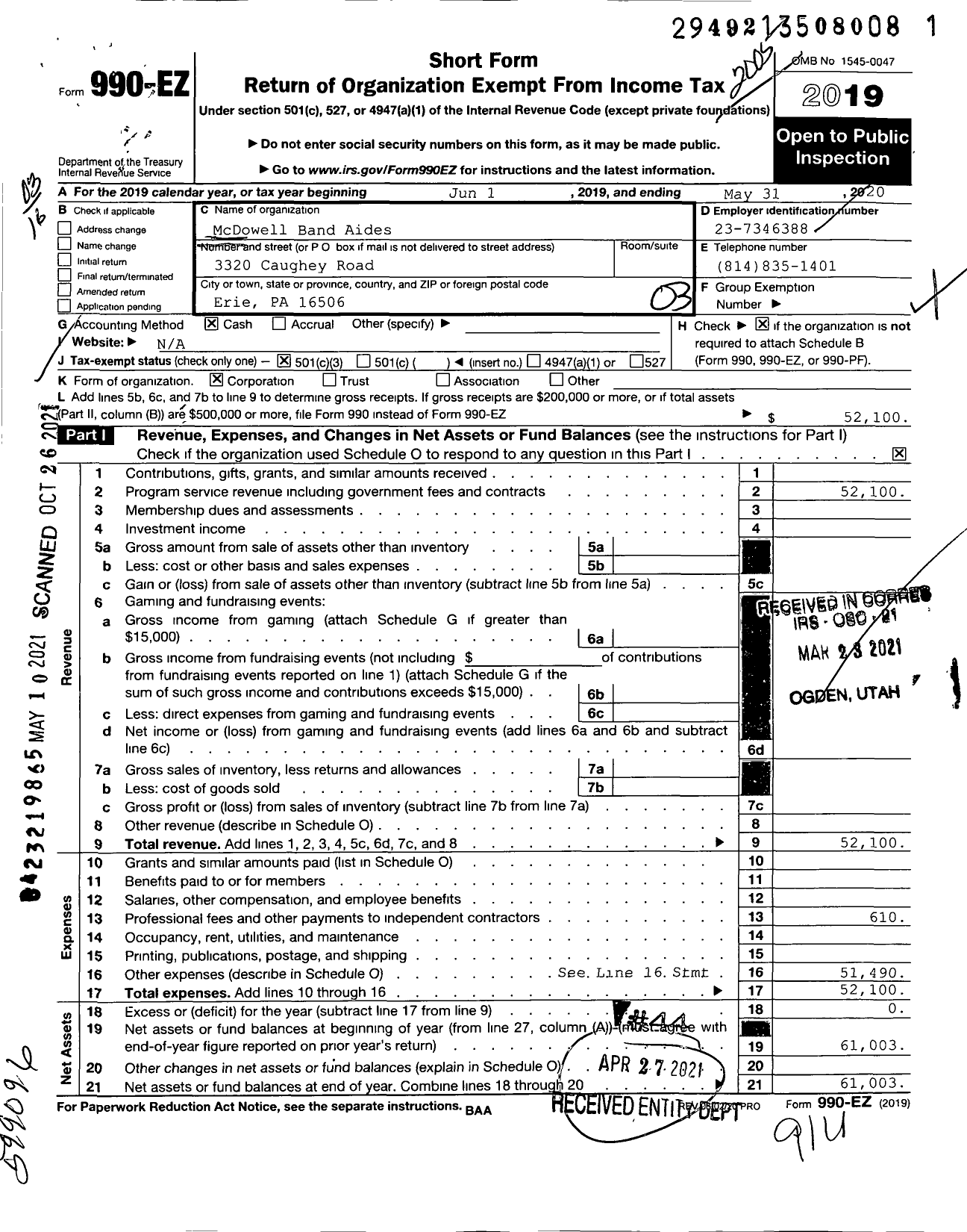 Image of first page of 2019 Form 990EZ for McDowell Band Aides