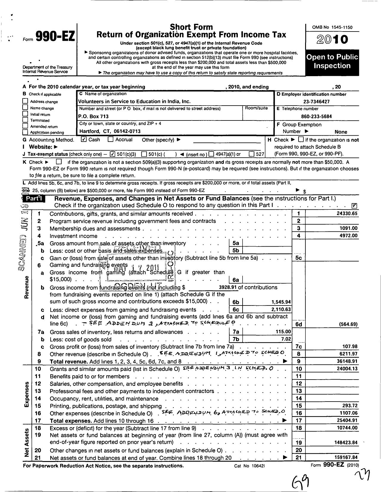 Image of first page of 2010 Form 990EZ for Volunteers in Service To Education in India