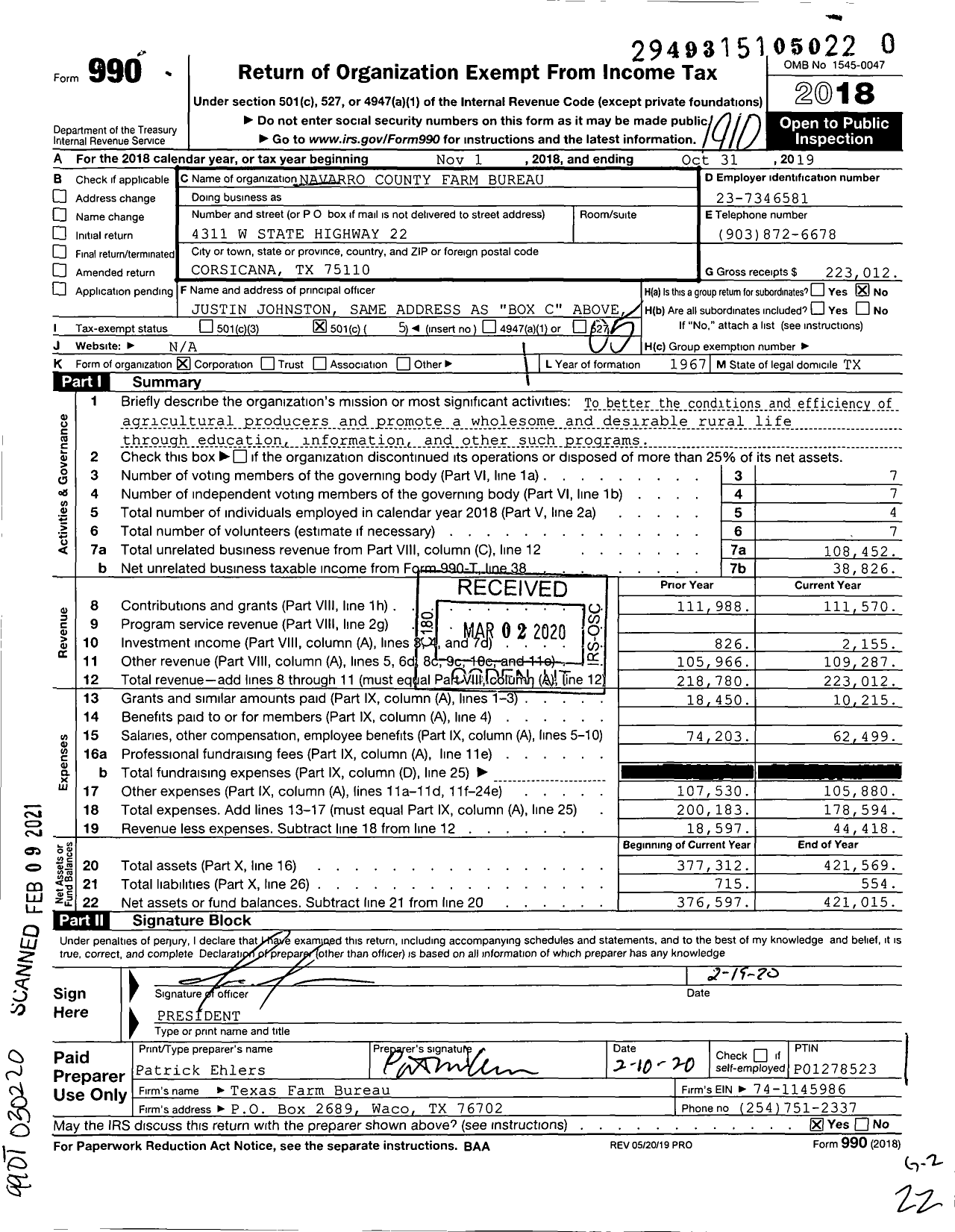 Image of first page of 2018 Form 990O for Navarro County Farm Bureau