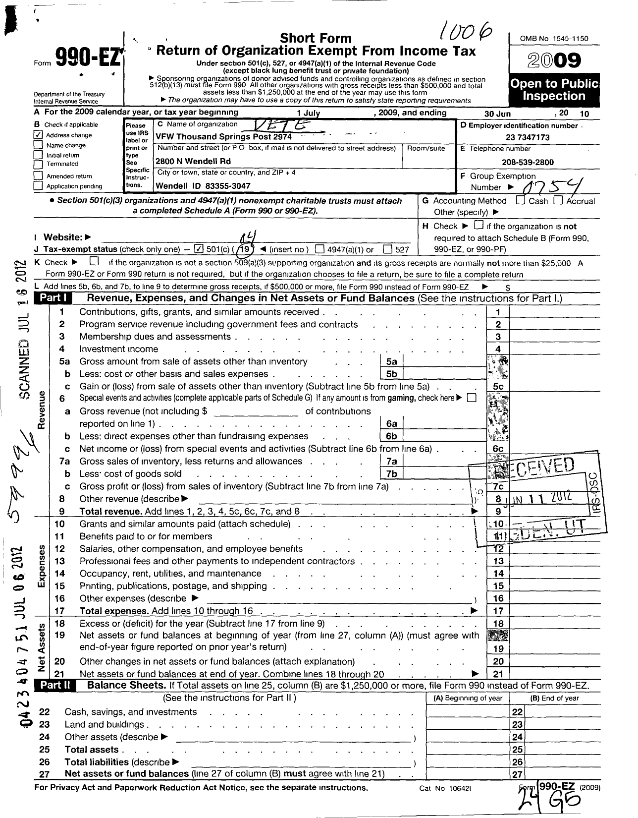 Image of first page of 2009 Form 990EO for Veterans of Foreign Wars of the United States Dept of Idaho - 2974 Thousand Springs VFW Post