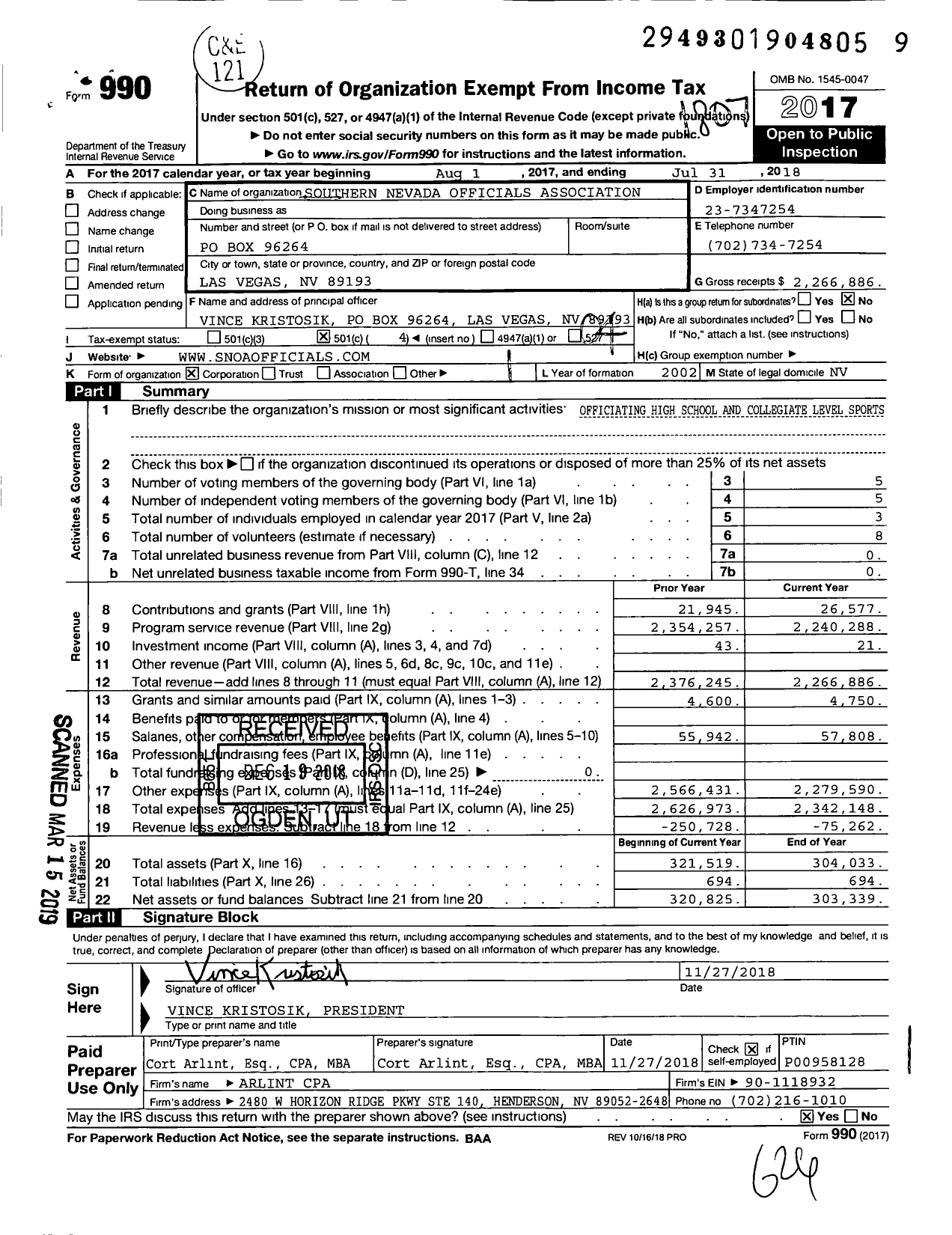 Image of first page of 2017 Form 990O for Southern Nevada Officials Association