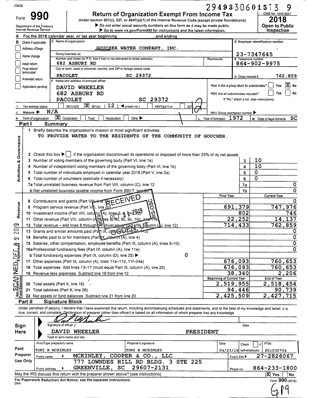 Image of first page of 2018 Form 990O for Goucher Water Company
