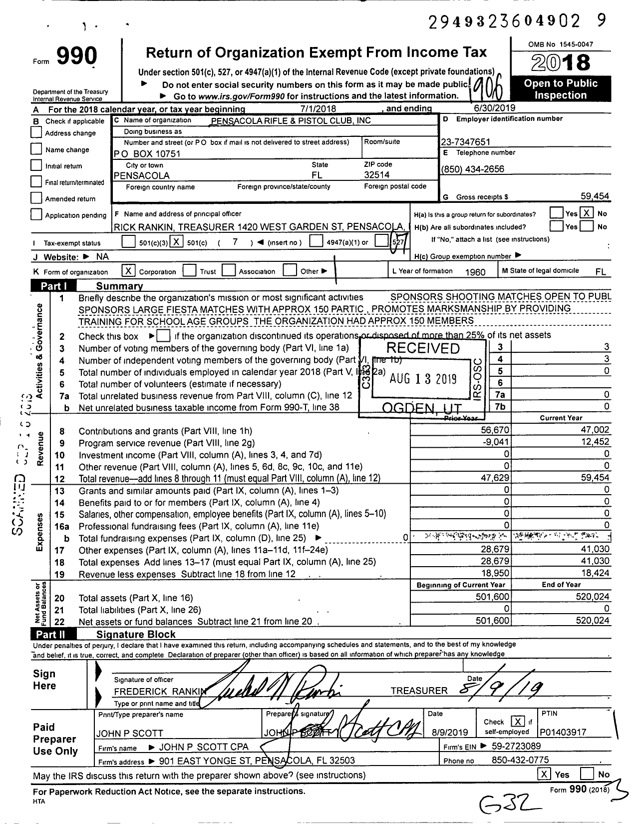 Image of first page of 2018 Form 990O for Pensacola Rifle and Pistol Club