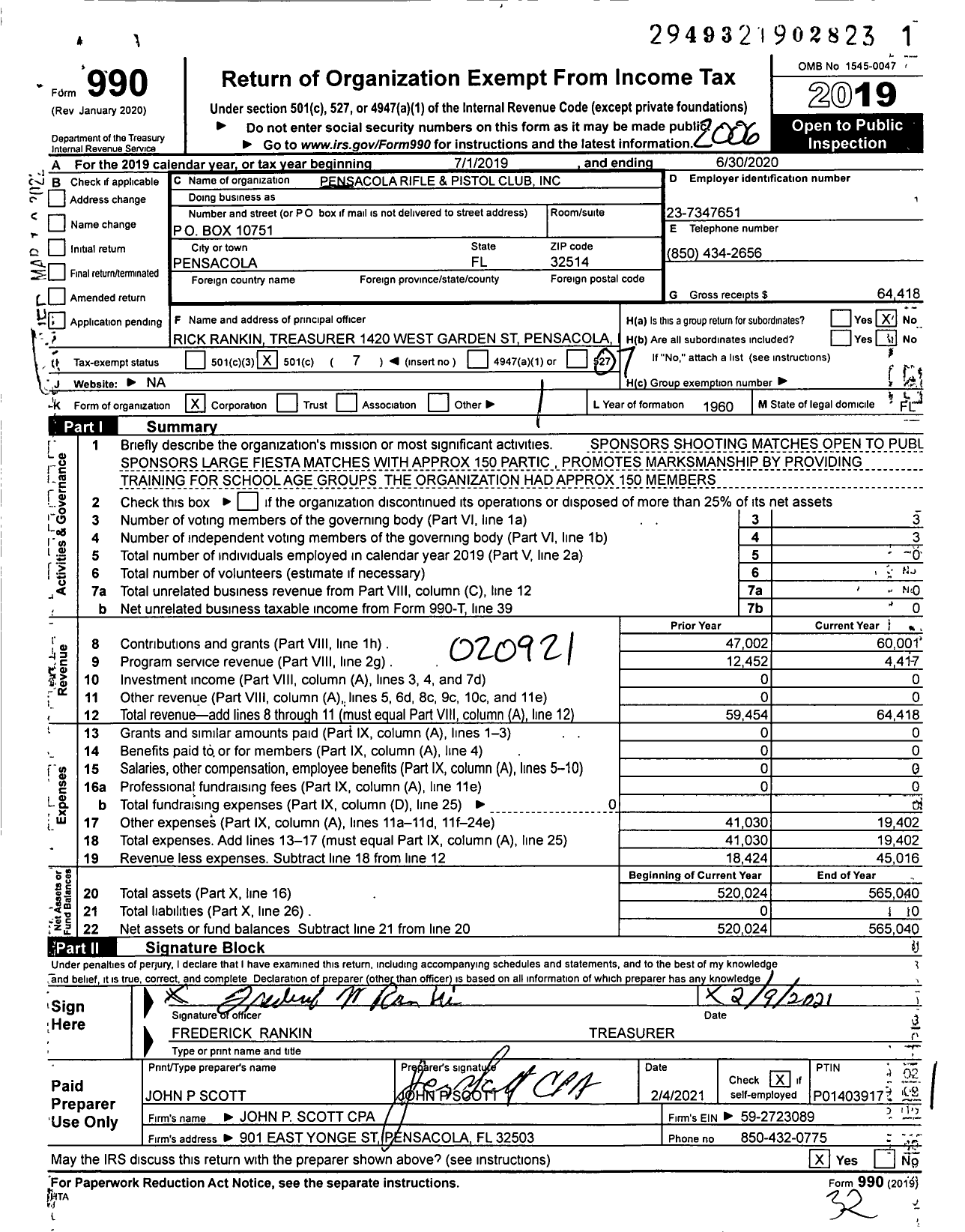 Image of first page of 2019 Form 990O for Pensacola Rifle and Pistol Club