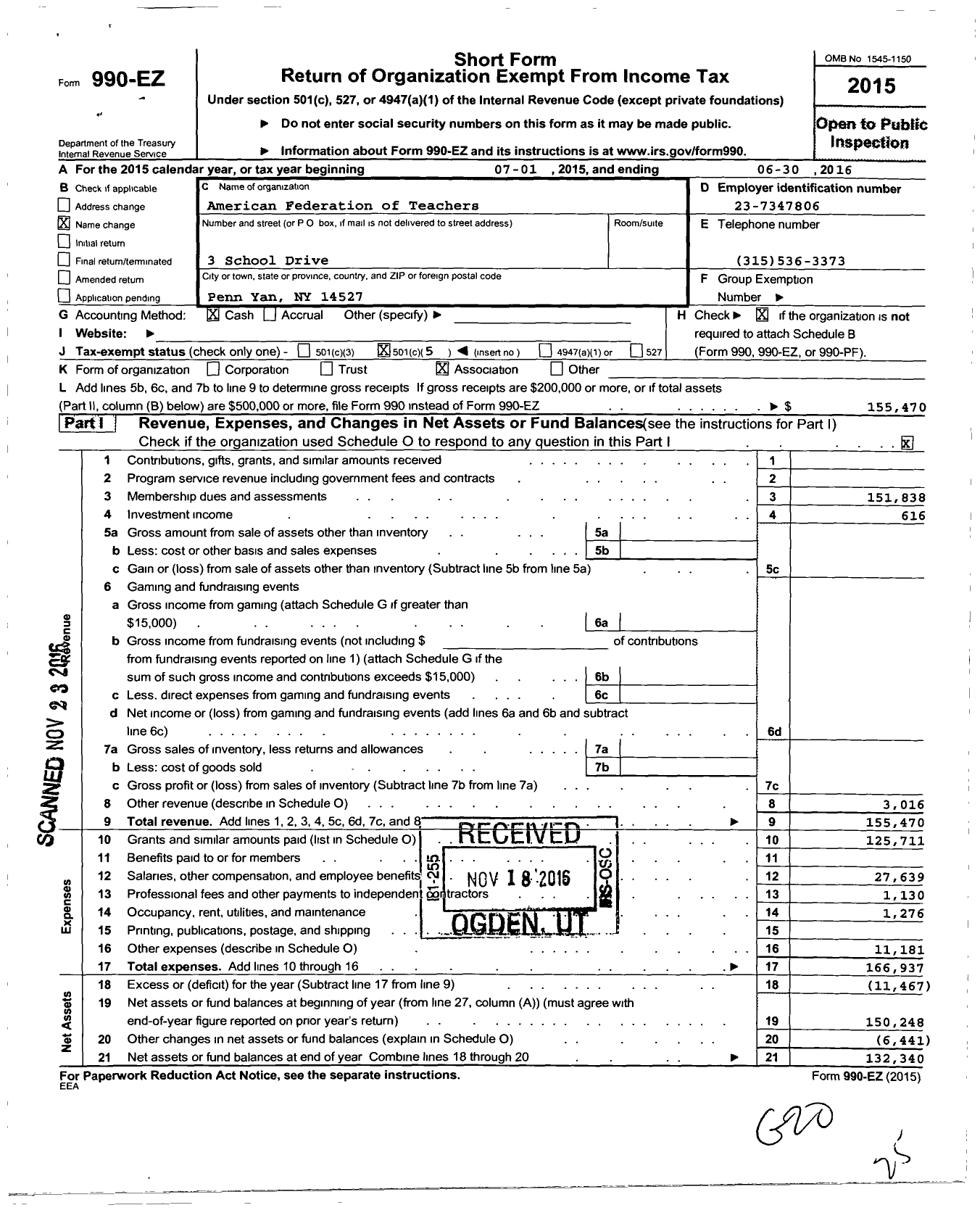 Image of first page of 2015 Form 990EO for American Federation of Teachers