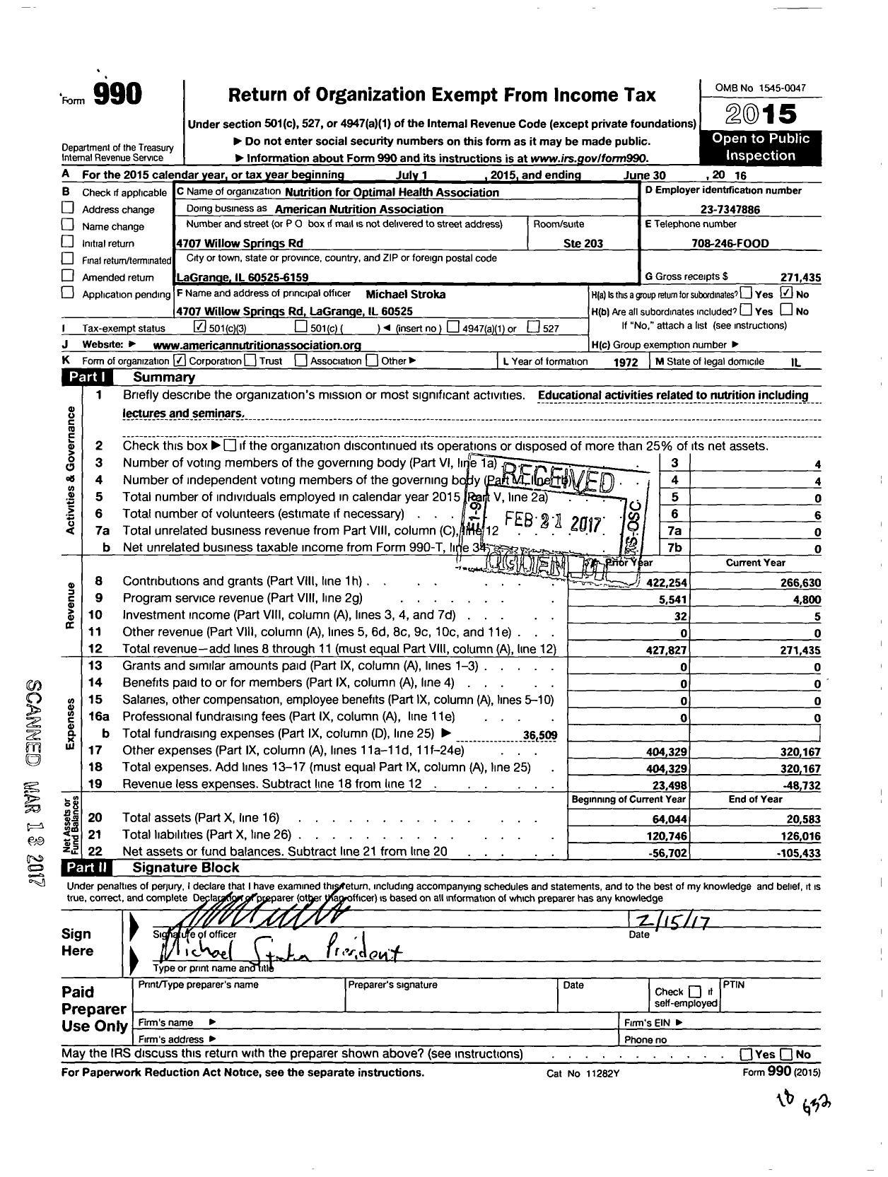 Image of first page of 2015 Form 990 for American Nutrition Association