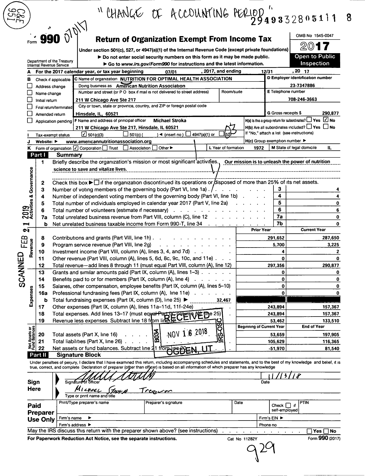 Image of first page of 2017 Form 990 for American Nutrition Association