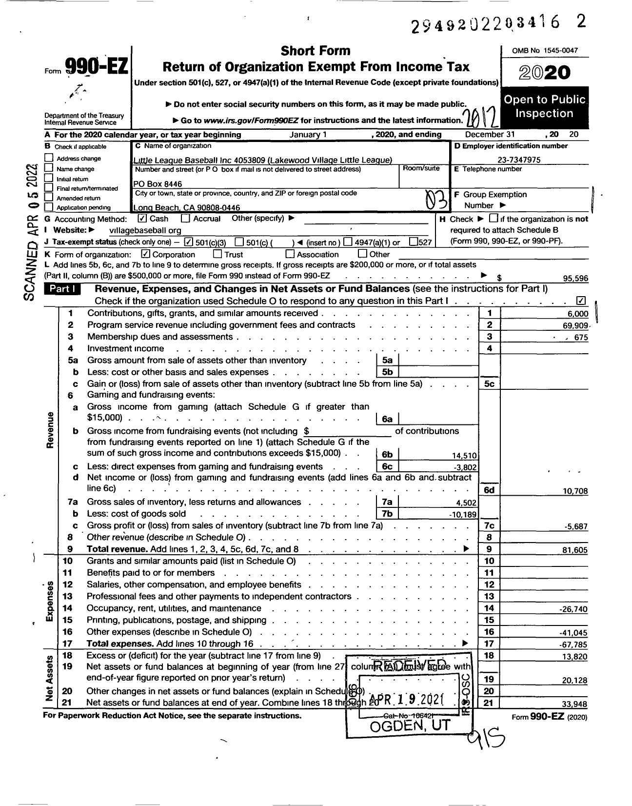 Image of first page of 2020 Form 990EZ for Lakewood Village Little League