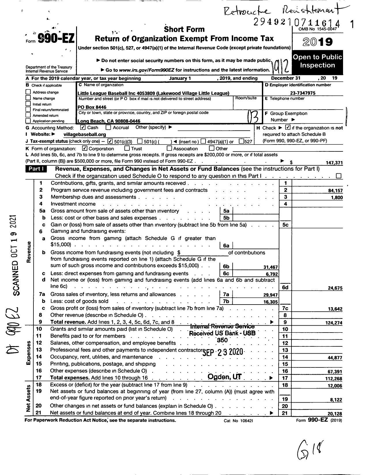 Image of first page of 2019 Form 990EZ for Lakewood Village Little League