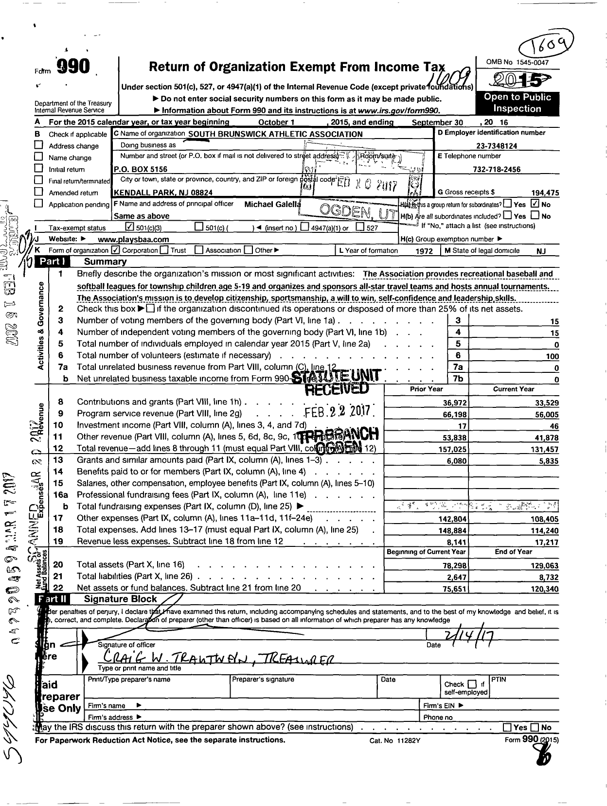 Image of first page of 2015 Form 990 for South Brunswick Athletic Association