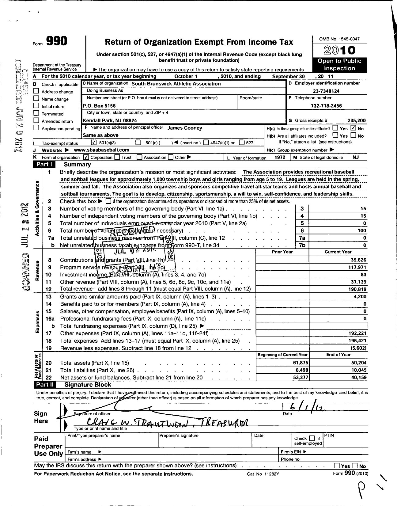 Image of first page of 2010 Form 990 for South Brunswick Athletic Association