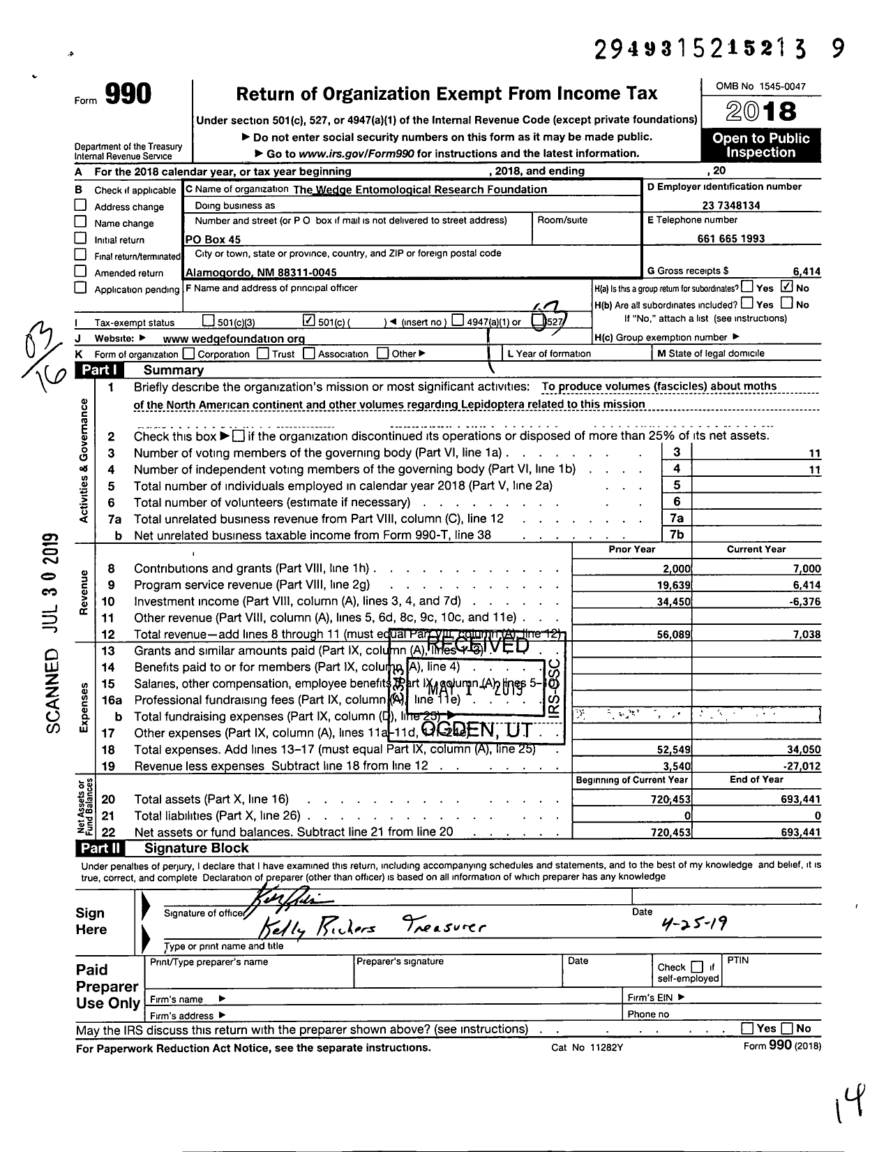 Image of first page of 2018 Form 990 for Wedge Entomological Research Foundation