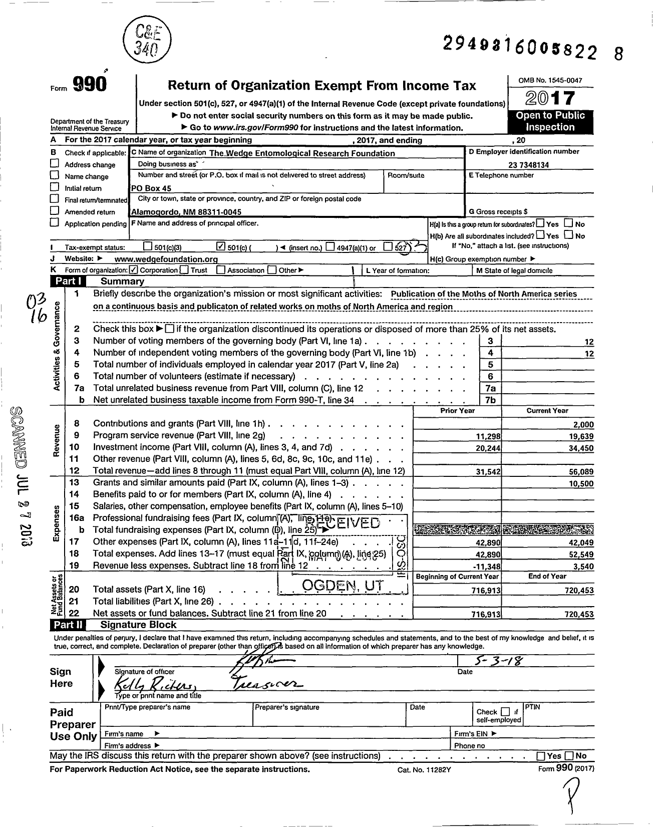 Image of first page of 2017 Form 990 for Wedge Entomological Research Foundation