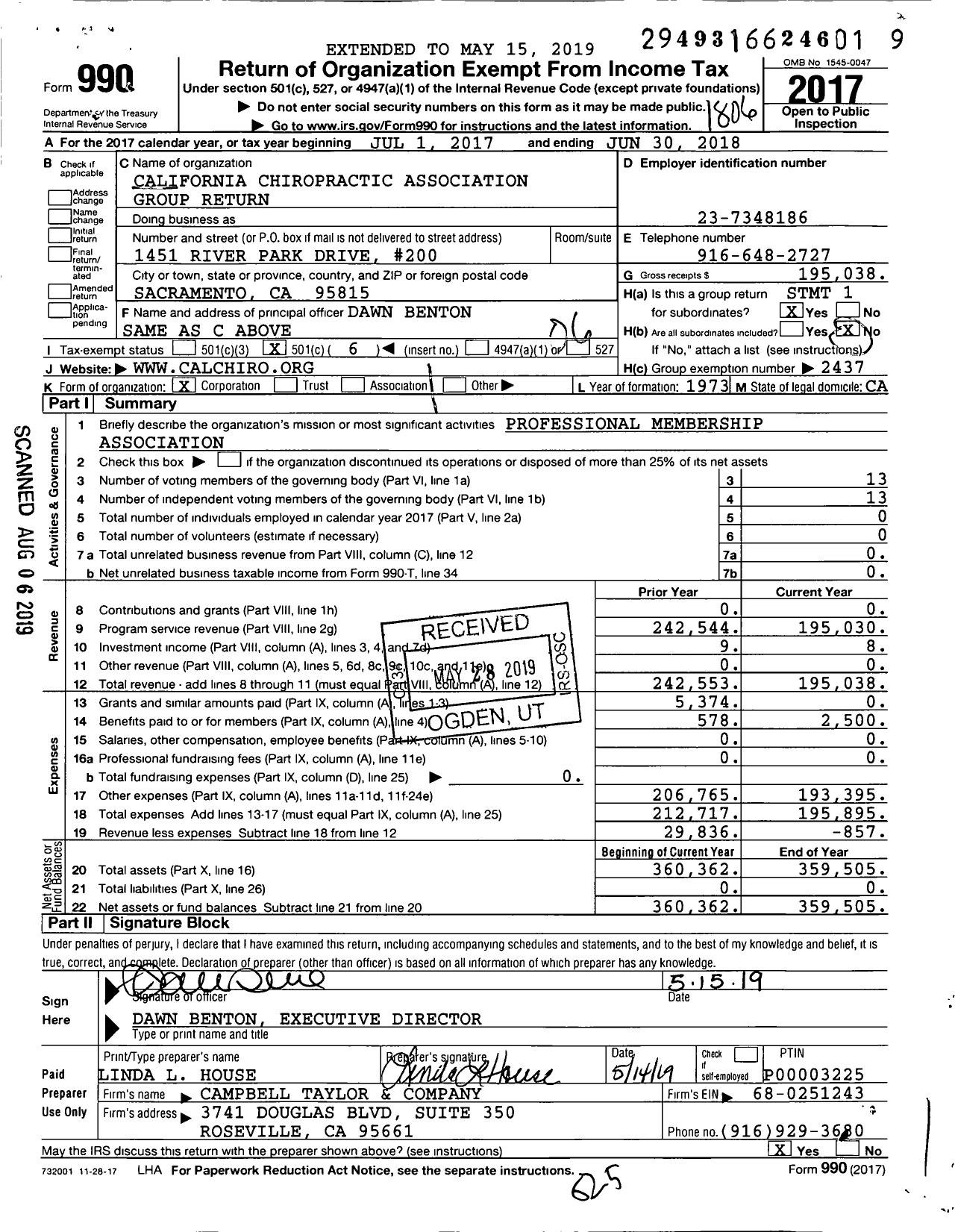 Image of first page of 2017 Form 990O for California Chiropractic Association Group Return