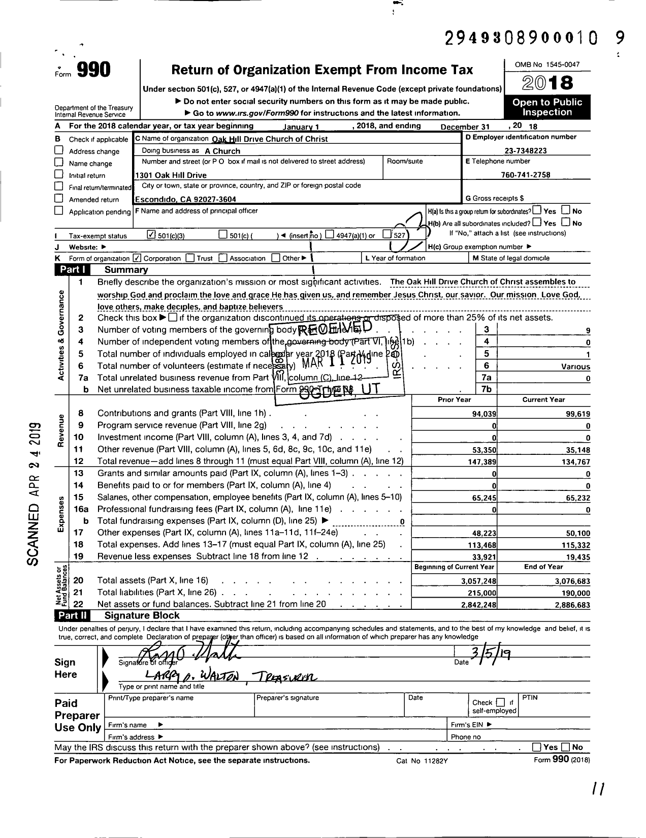 Image of first page of 2018 Form 990 for Oak Hill Drive Church of Christ Church