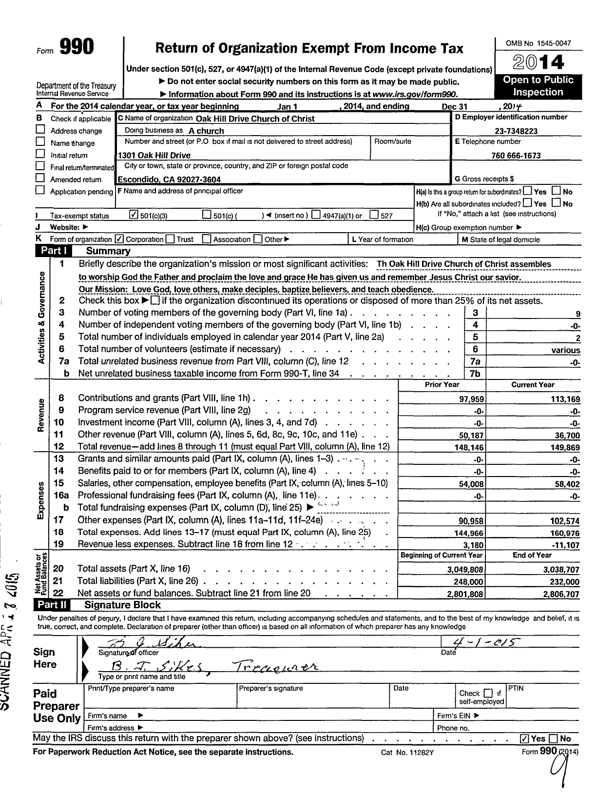 Image of first page of 2014 Form 990 for Oak Hill Drive Church of Christ Church