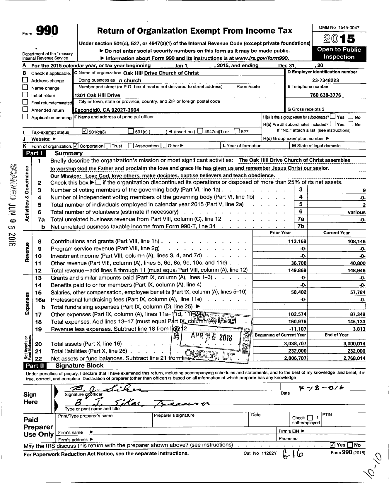 Image of first page of 2015 Form 990 for Oak Hill Drive Church of Christ Church