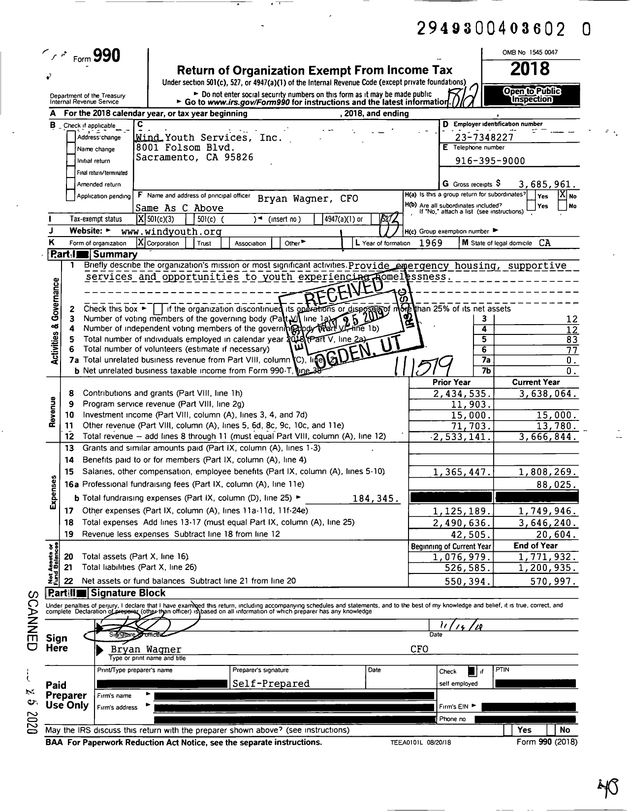 Image of first page of 2018 Form 990 for Wind Youth Services