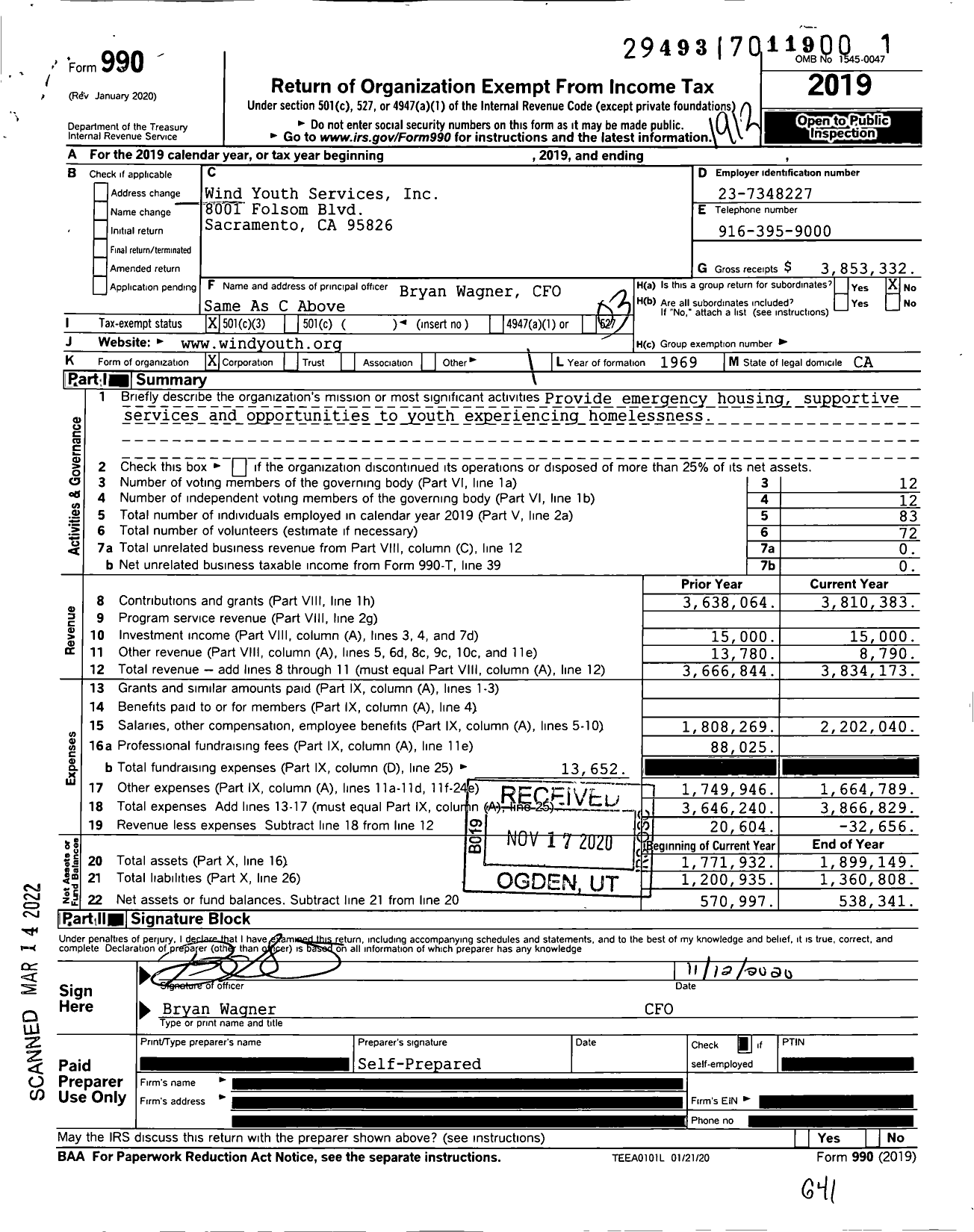 Image of first page of 2019 Form 990 for Wind Youth Services