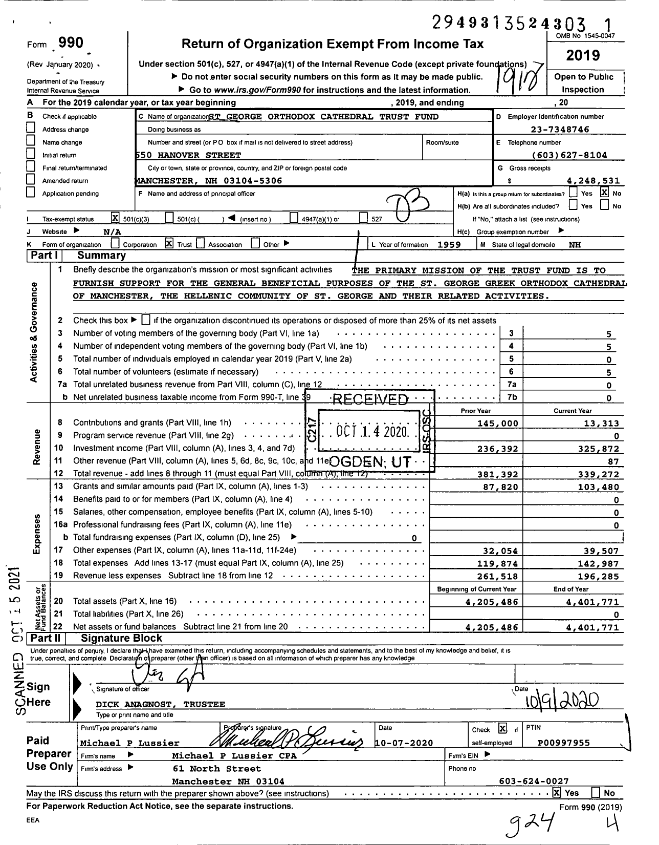 Image of first page of 2019 Form 990 for St George Orthodox Cathedral Trust Fund