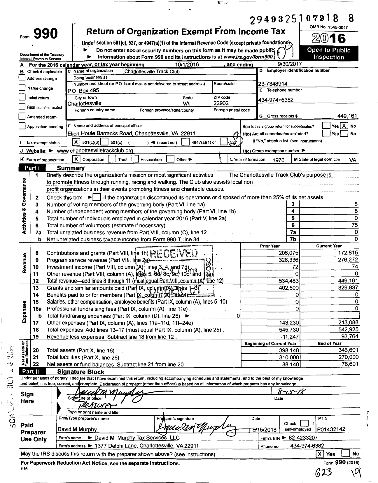 Image of first page of 2016 Form 990 for Charlottesville Track Club