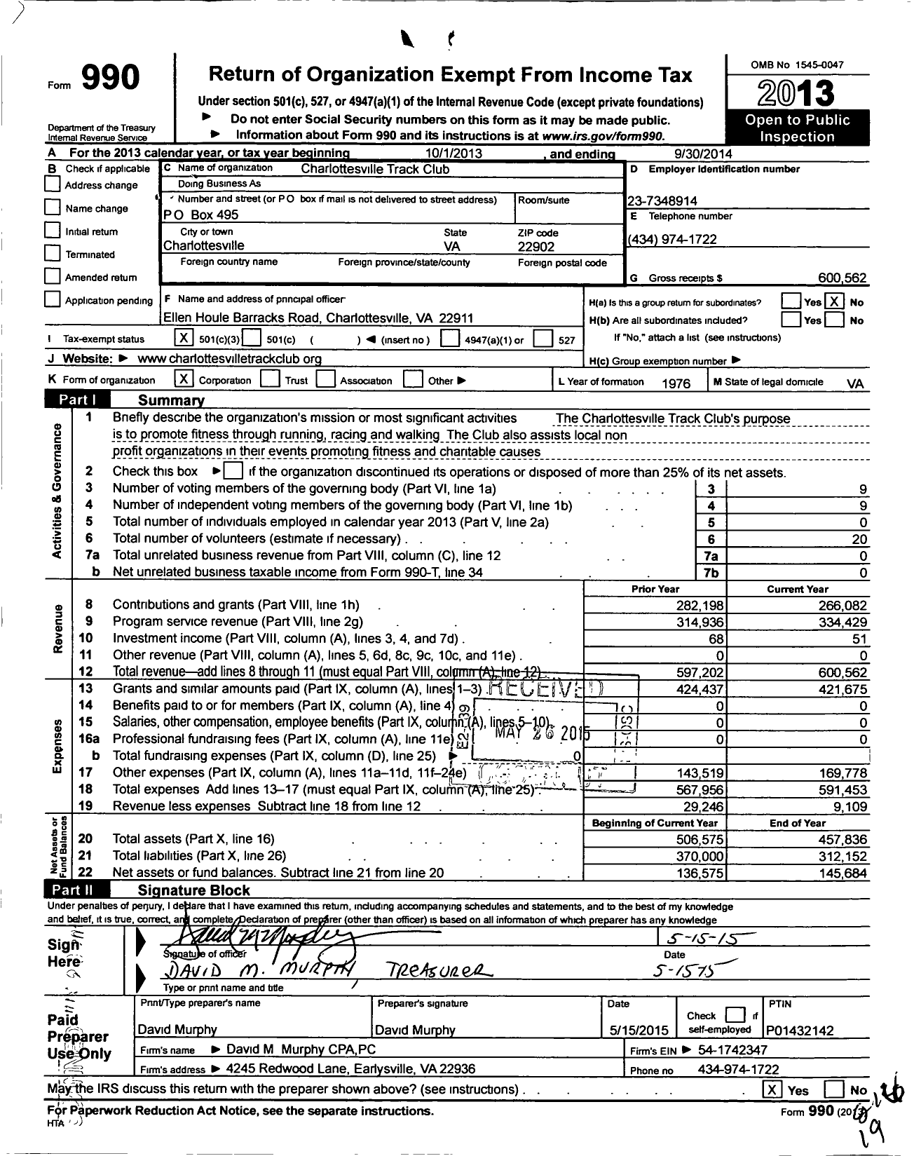 Image of first page of 2013 Form 990 for Charlottesville Track Club