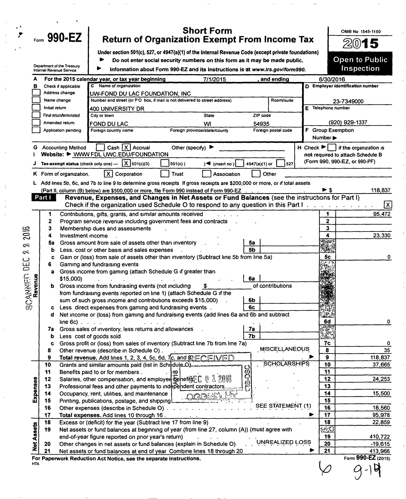 Image of first page of 2015 Form 990EZ for Uwo-Fond Du Lac Foundation