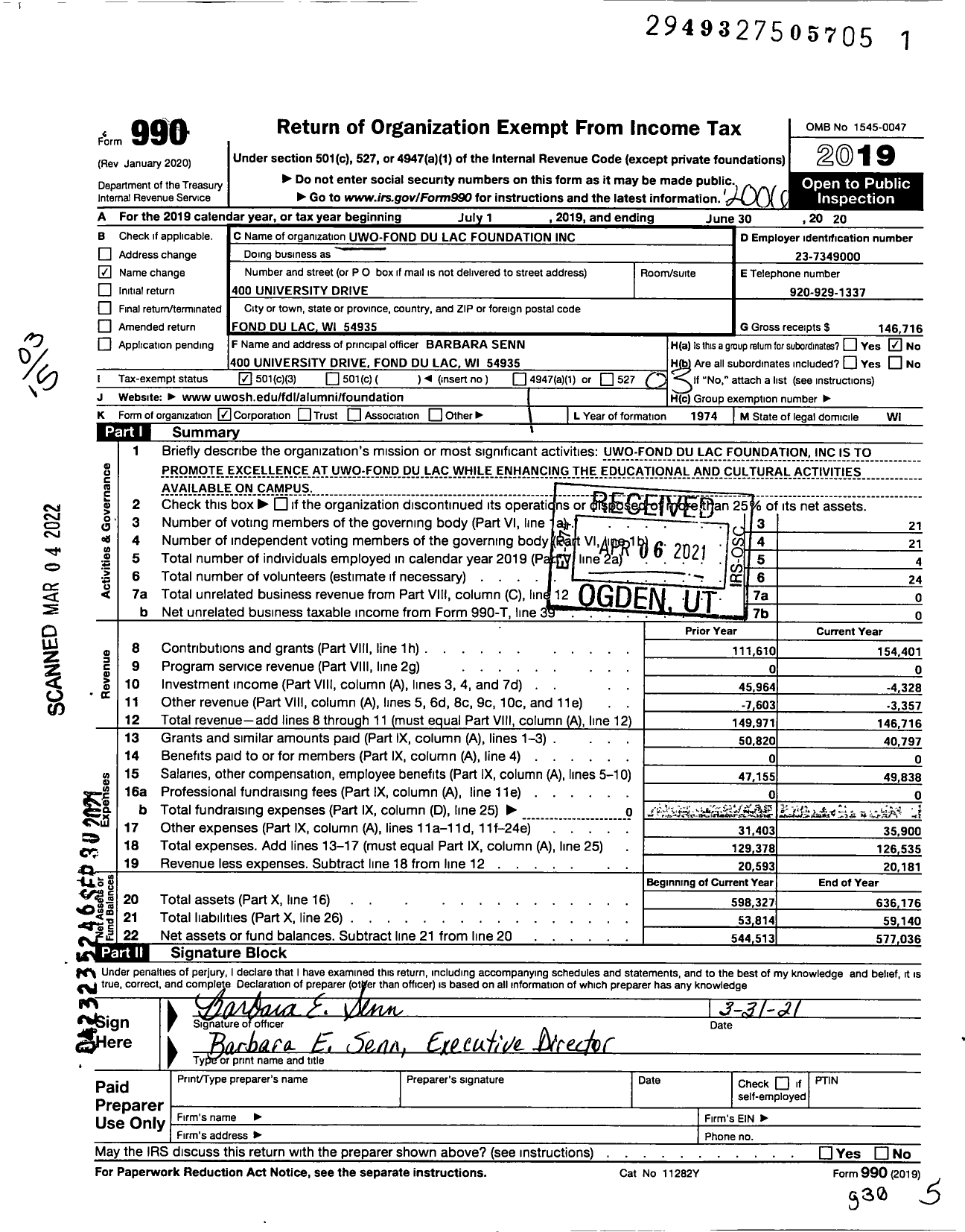 Image of first page of 2019 Form 990 for Uwo-Fond Du Lac Foundation