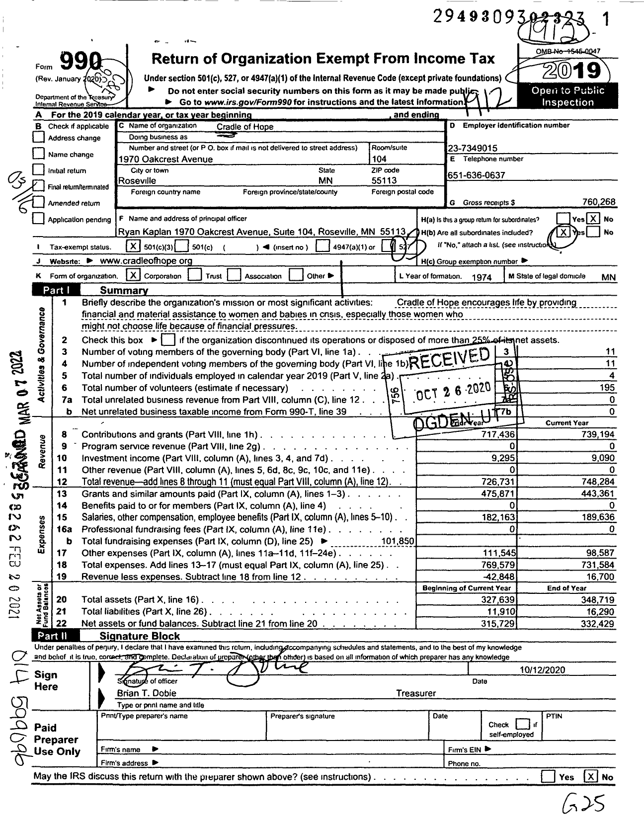 Image of first page of 2019 Form 990 for Cradle of Hope