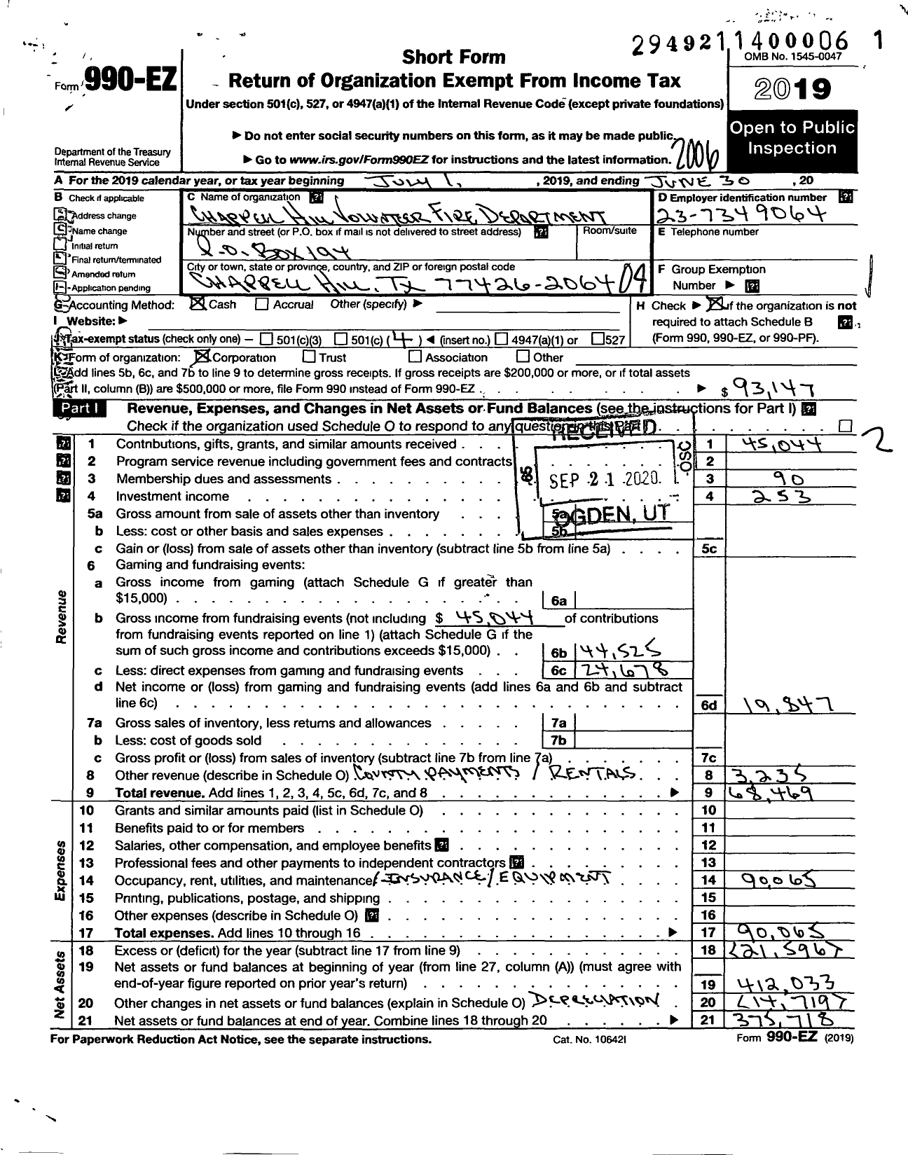 Image of first page of 2019 Form 990EO for Chappell Hill Volunteer Fire Department