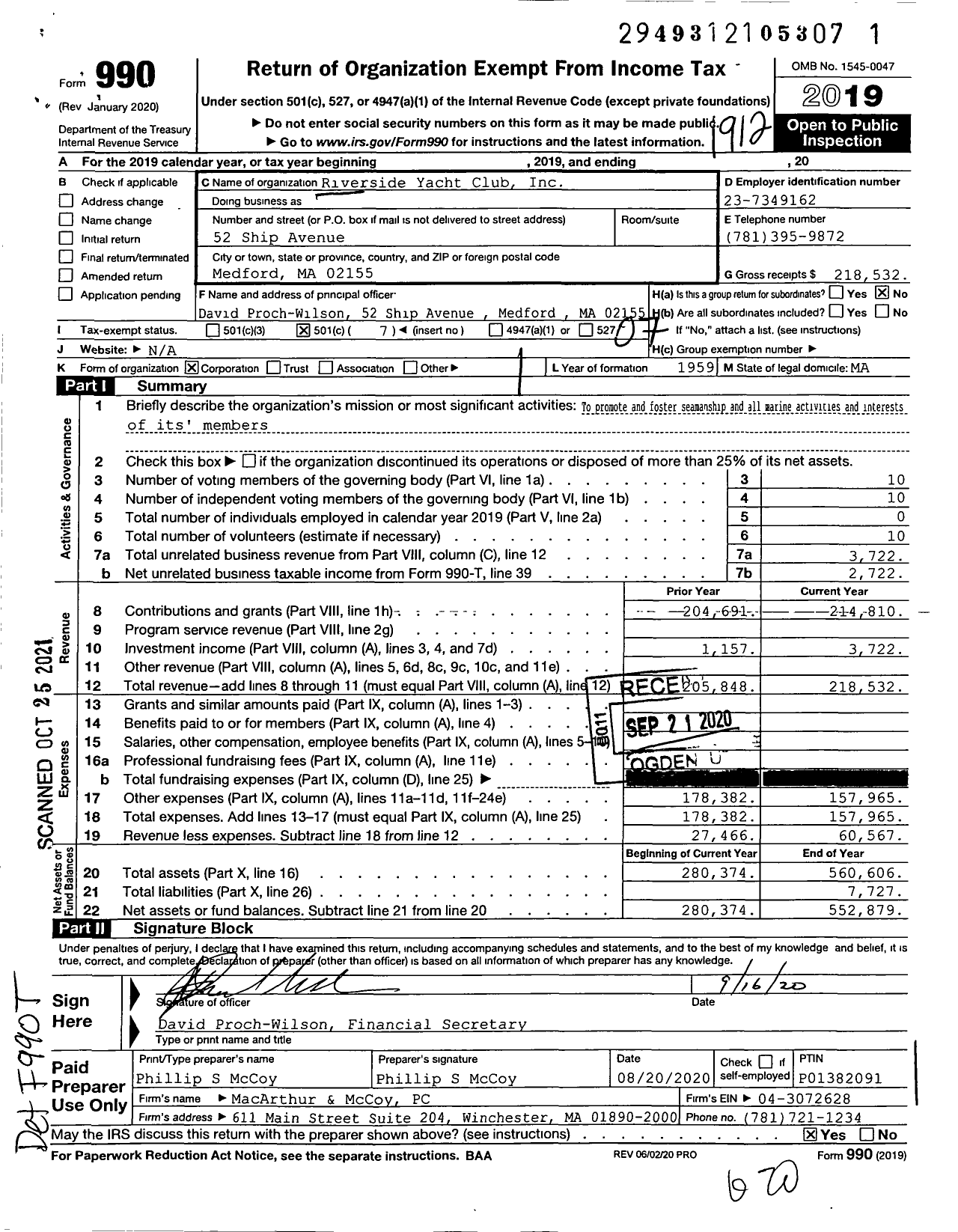 Image of first page of 2019 Form 990O for Riverside Yacht Club